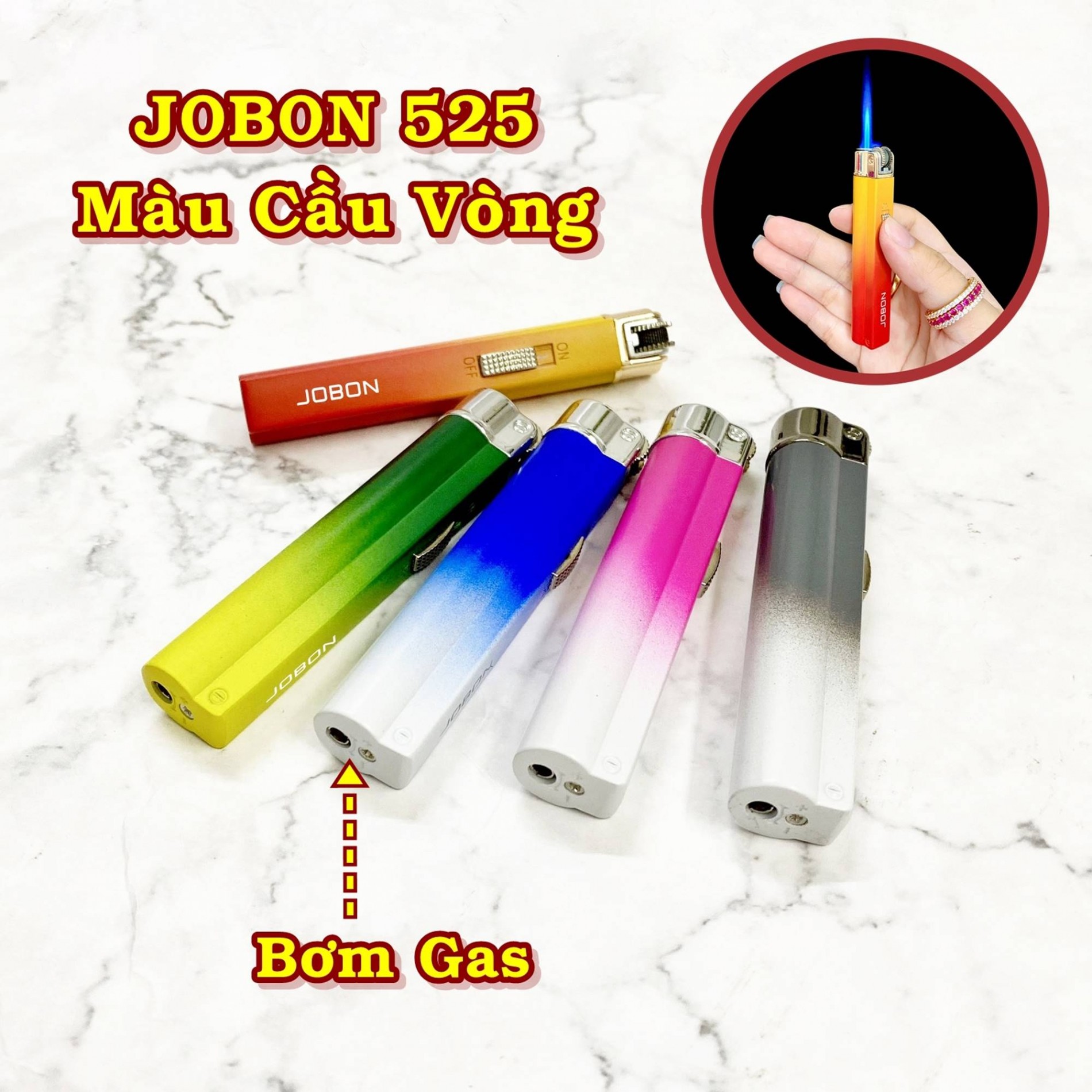 Bật lửa khè gas đá rãnh tay Jobon 525 màu cầu vòng