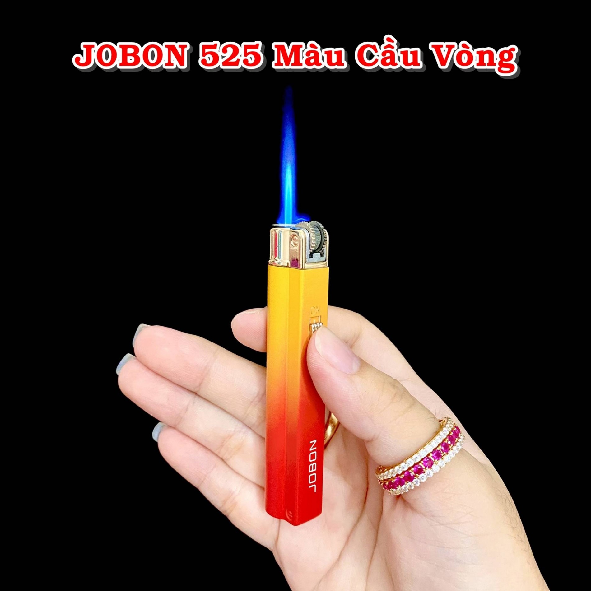 Bật lửa khè gas đá rãnh tay Jobon 525 màu cầu vòng