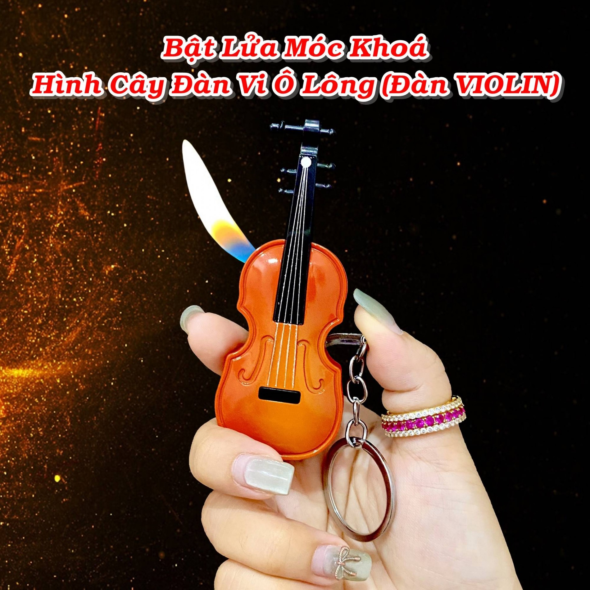 Bật lửa hình đàn violin bằng kim loại có móc khóa dùng gas