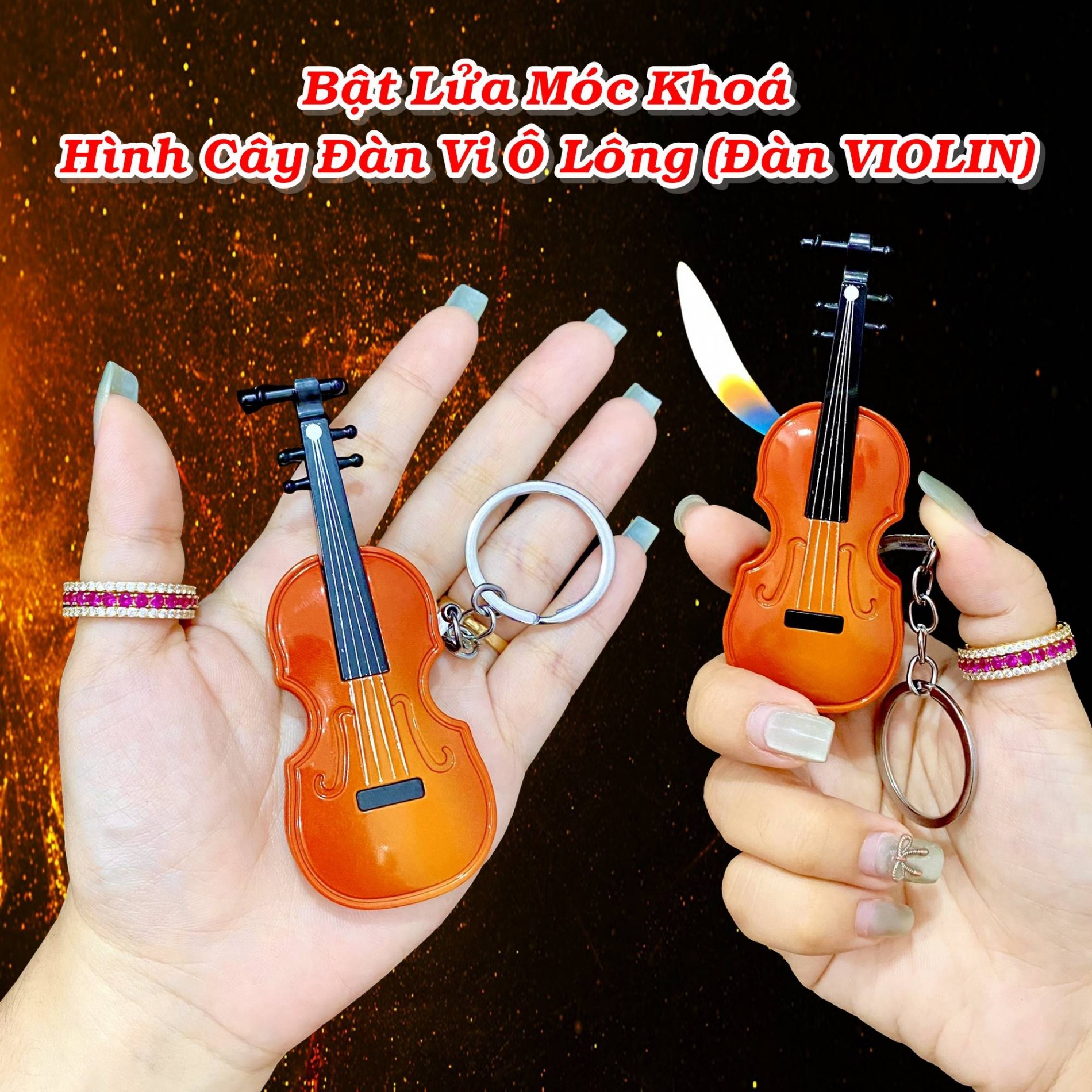 Bật lửa hình đàn violin bằng kim loại có móc khóa dùng gas