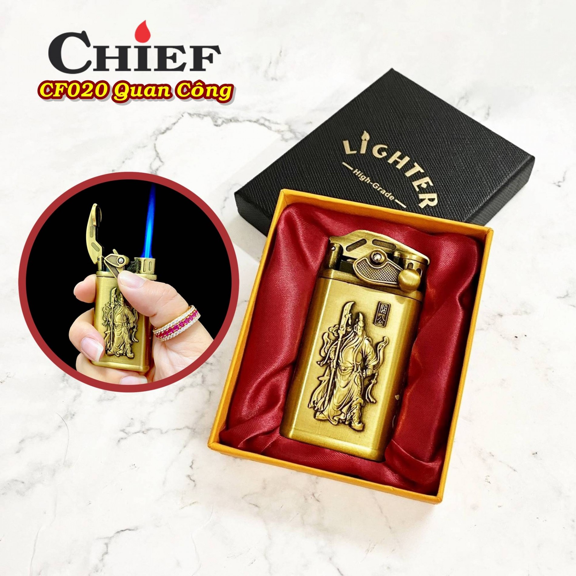 Bật lửa CHIEF CF020 hình Quan Công (có hộp) - dùng gas