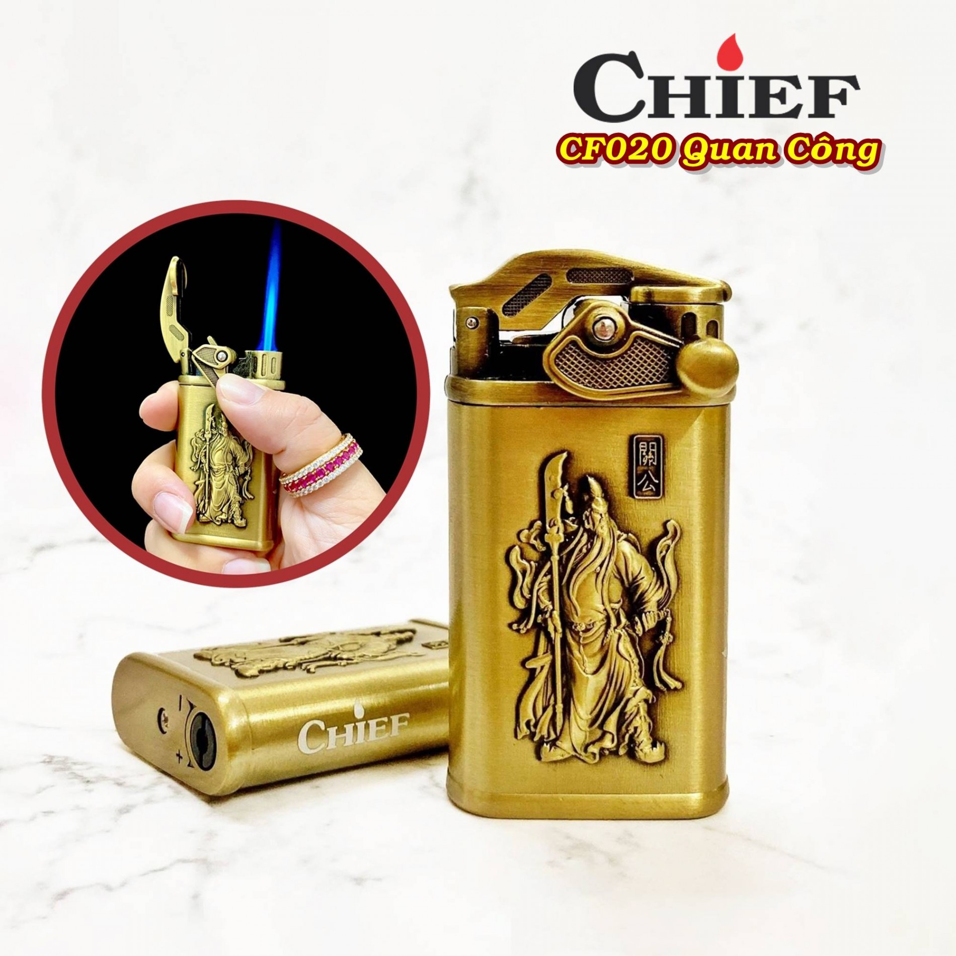 Bật lửa CHIEF CF020 hình Quan Công (có hộp) - dùng gas