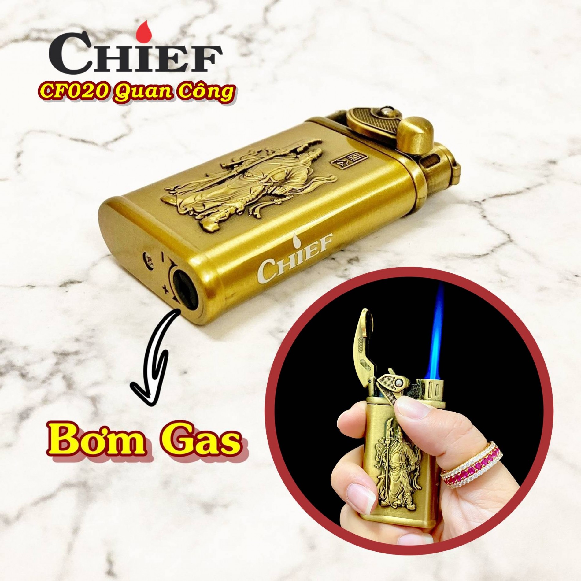 Bật lửa CHIEF CF020 hình Quan Công (có hộp) - dùng gas