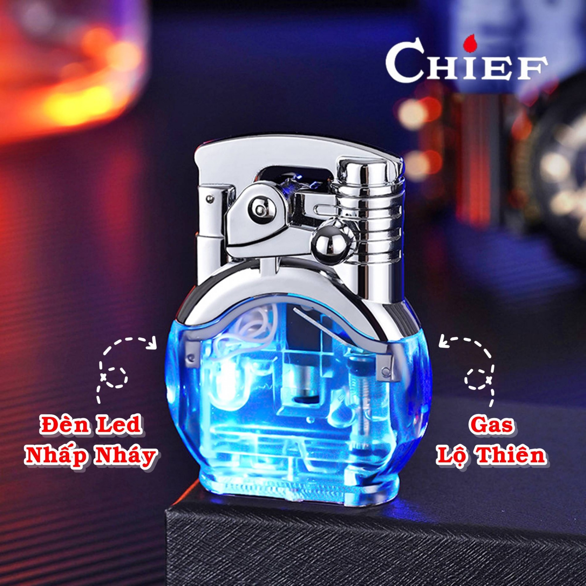 Bật lửa CHIEF CF299 - búng tay đánh lửa có đèn LED dùng gas