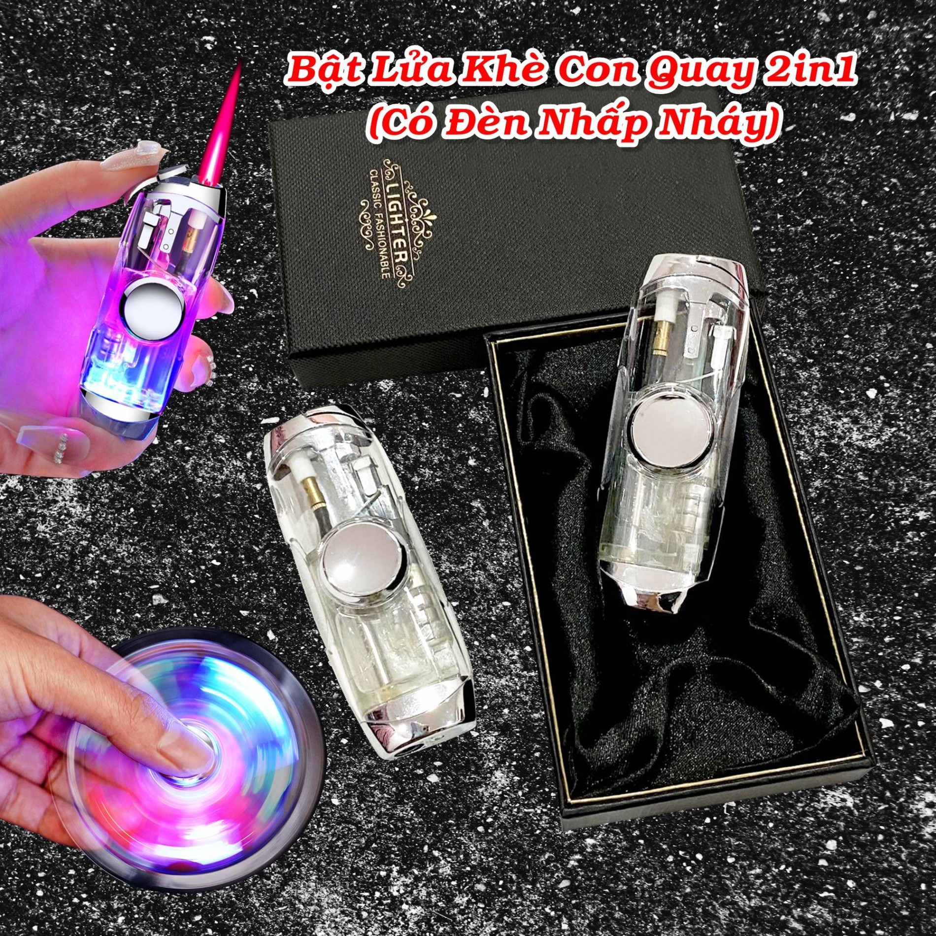 Bật lửa con quay spinner có đèn nhấp nháy có hộp xài gas lửa khò