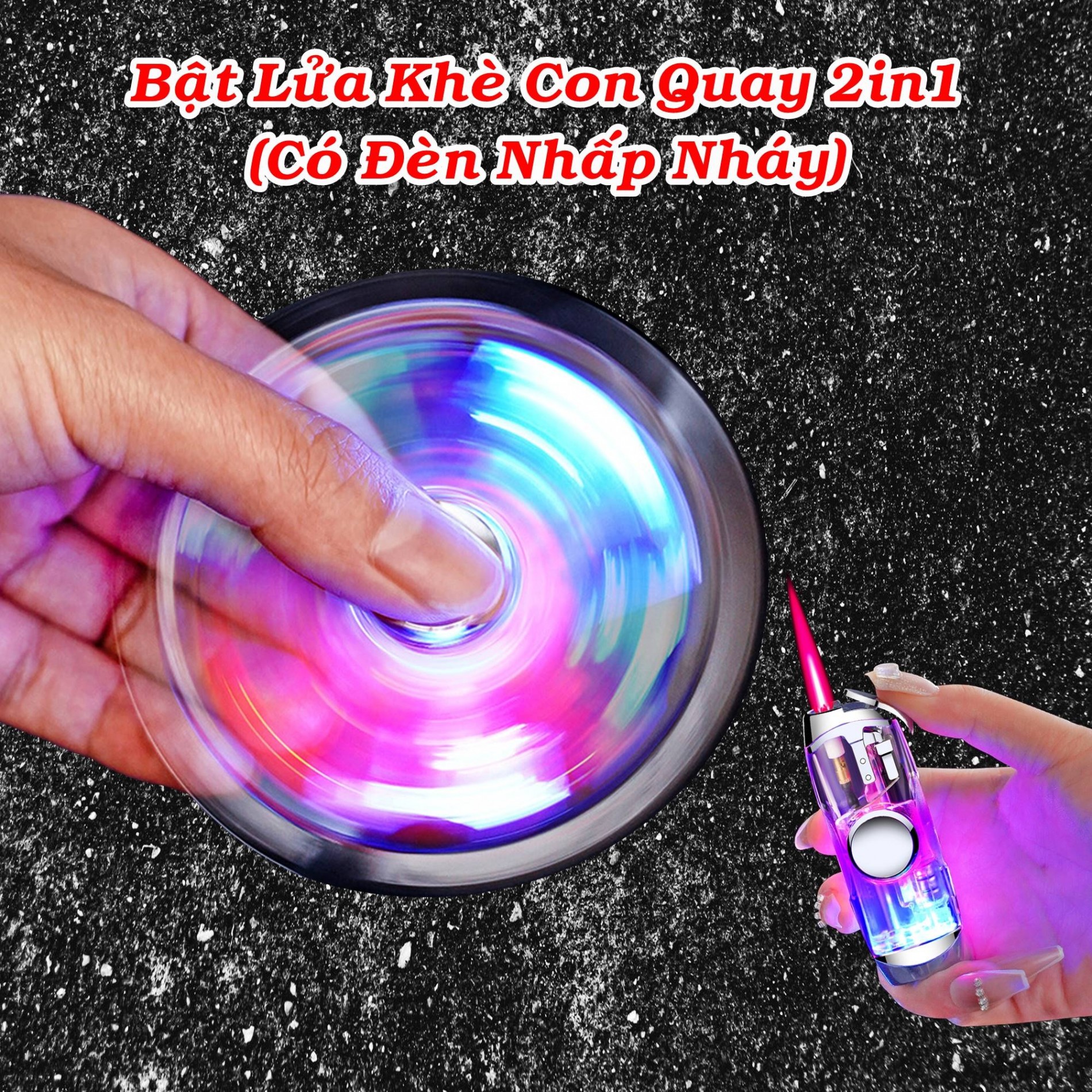 Bật lửa con quay spinner có đèn nhấp nháy có hộp xài gas lửa khò