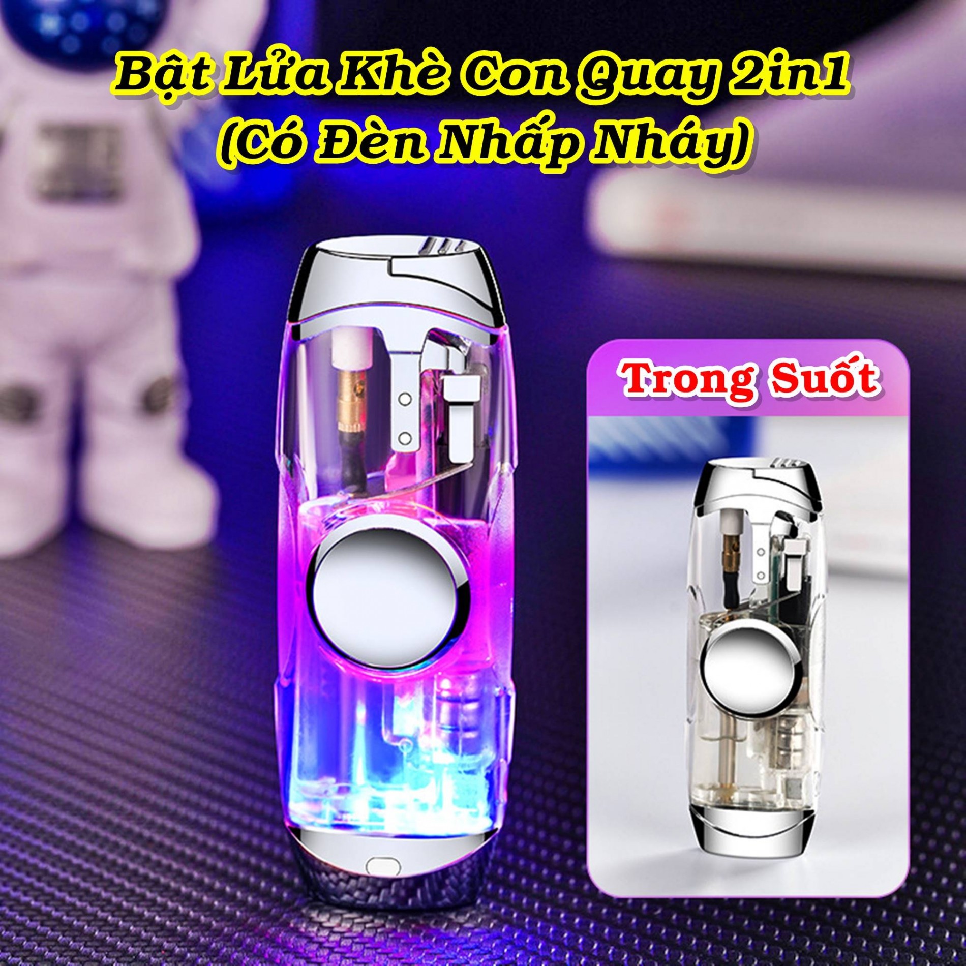 Bật lửa con quay spinner có đèn nhấp nháy có hộp xài gas lửa khò