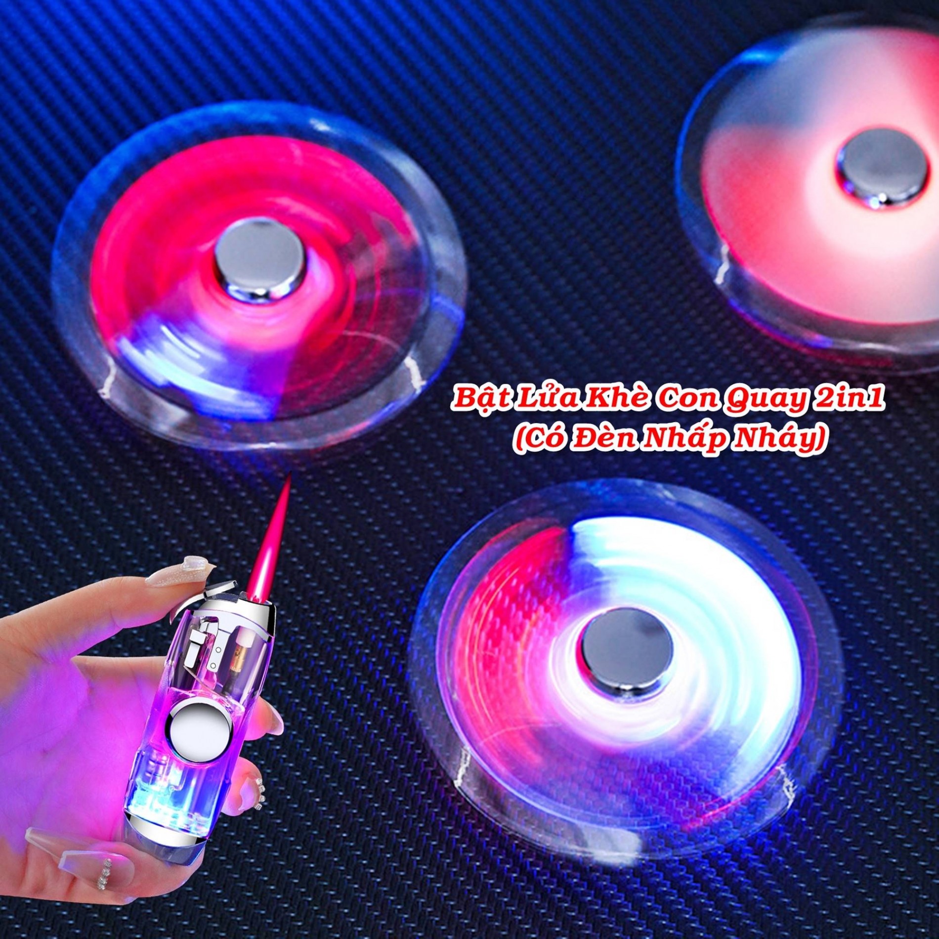 Bật lửa con quay spinner có đèn nhấp nháy có hộp xài gas lửa khò