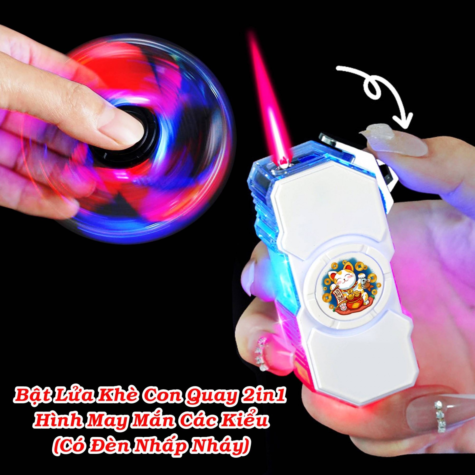 Bật lửa con quay spinner có đèn nhấp nháy xài gas có nhiều hình may mắn