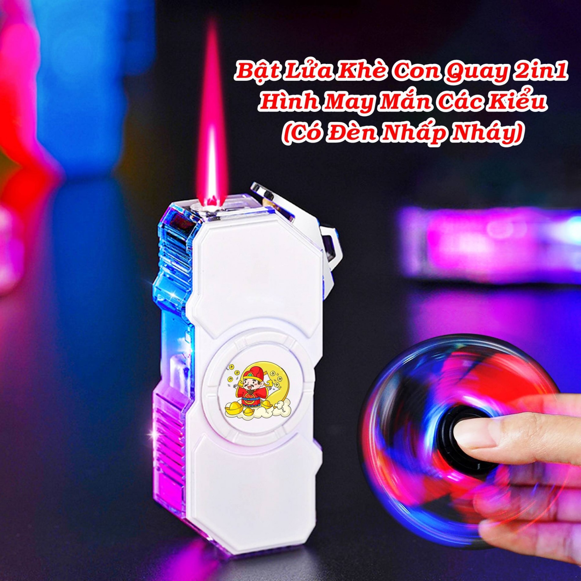 Bật lửa con quay spinner có đèn nhấp nháy xài gas có nhiều hình may mắn