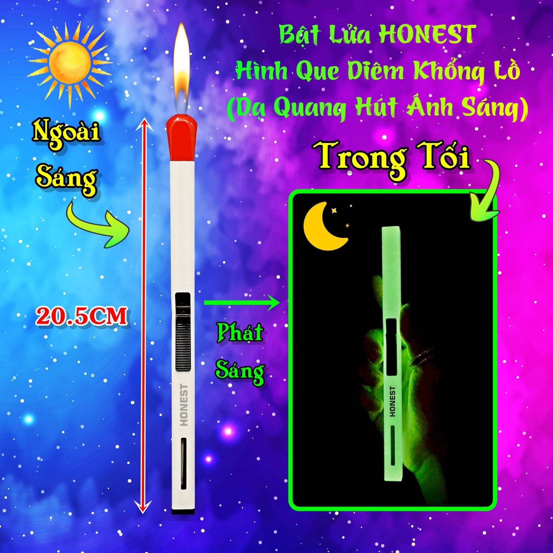 Bật lửa Honest hình que diêm khổng lồ - dạ quang hút ánh sáng xài gas