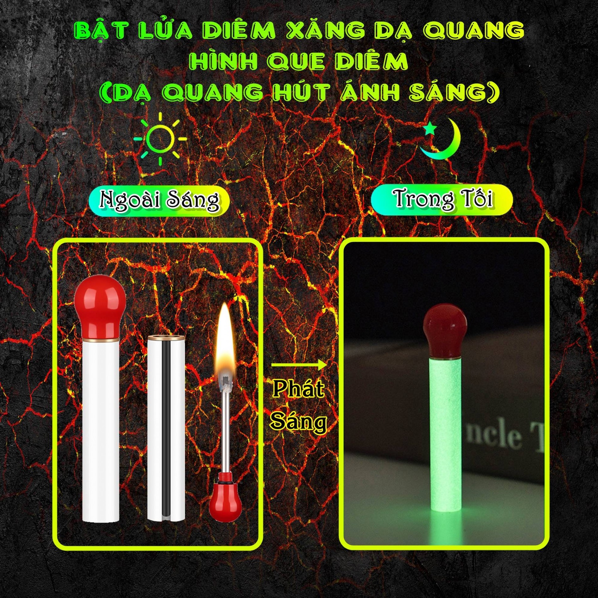 Bật lửa diêm xăng dạ quang hình que diêm xài xăng