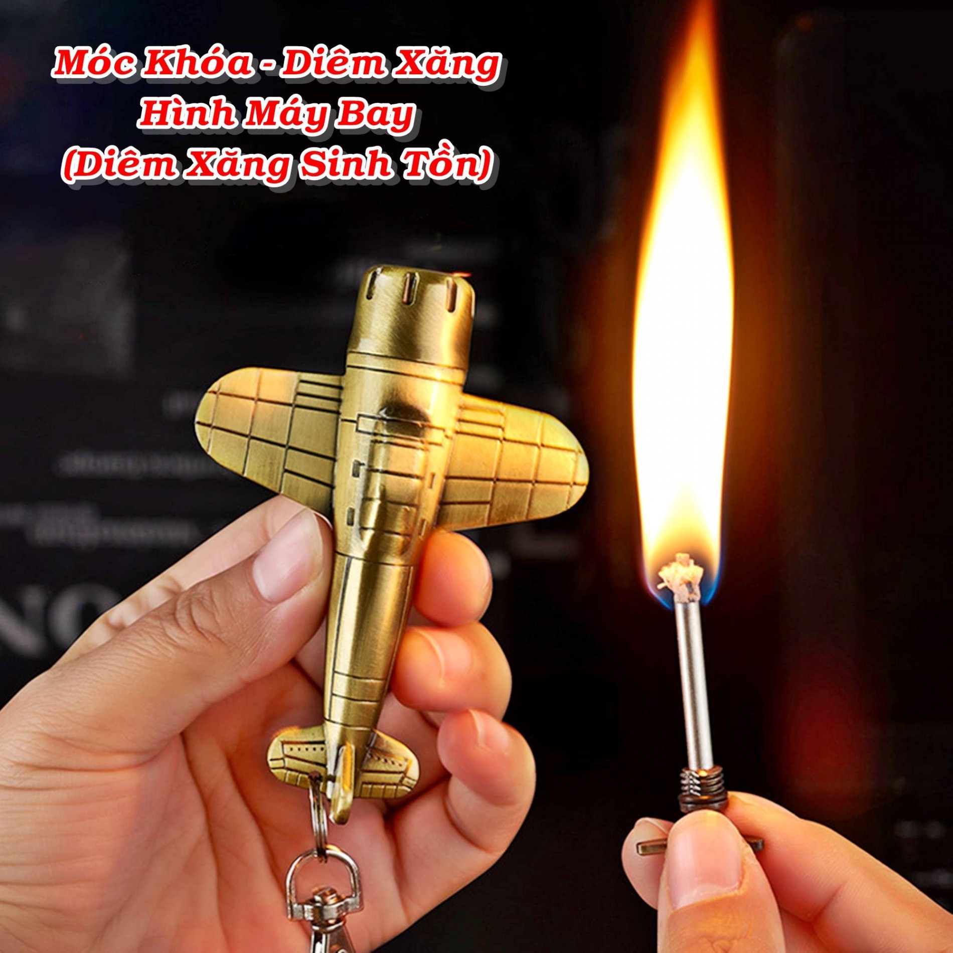 Bật lửa hình máy bay kim loại diêm xăng sinh tồn có móc khóa