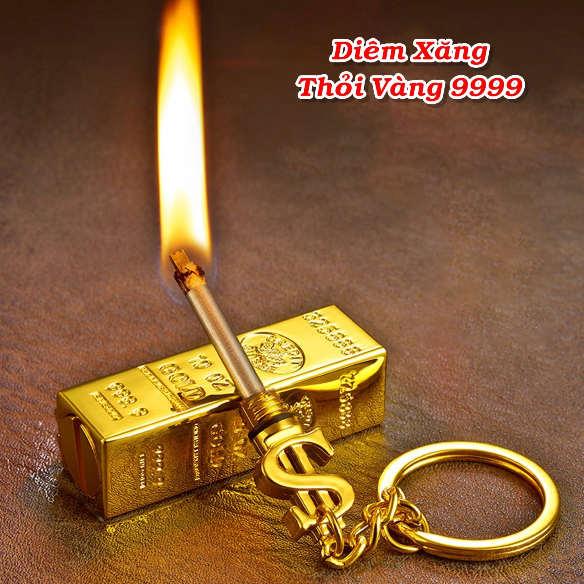 Bật lửa hình thỏi vàng 9999 có móc khoá diêm xăng