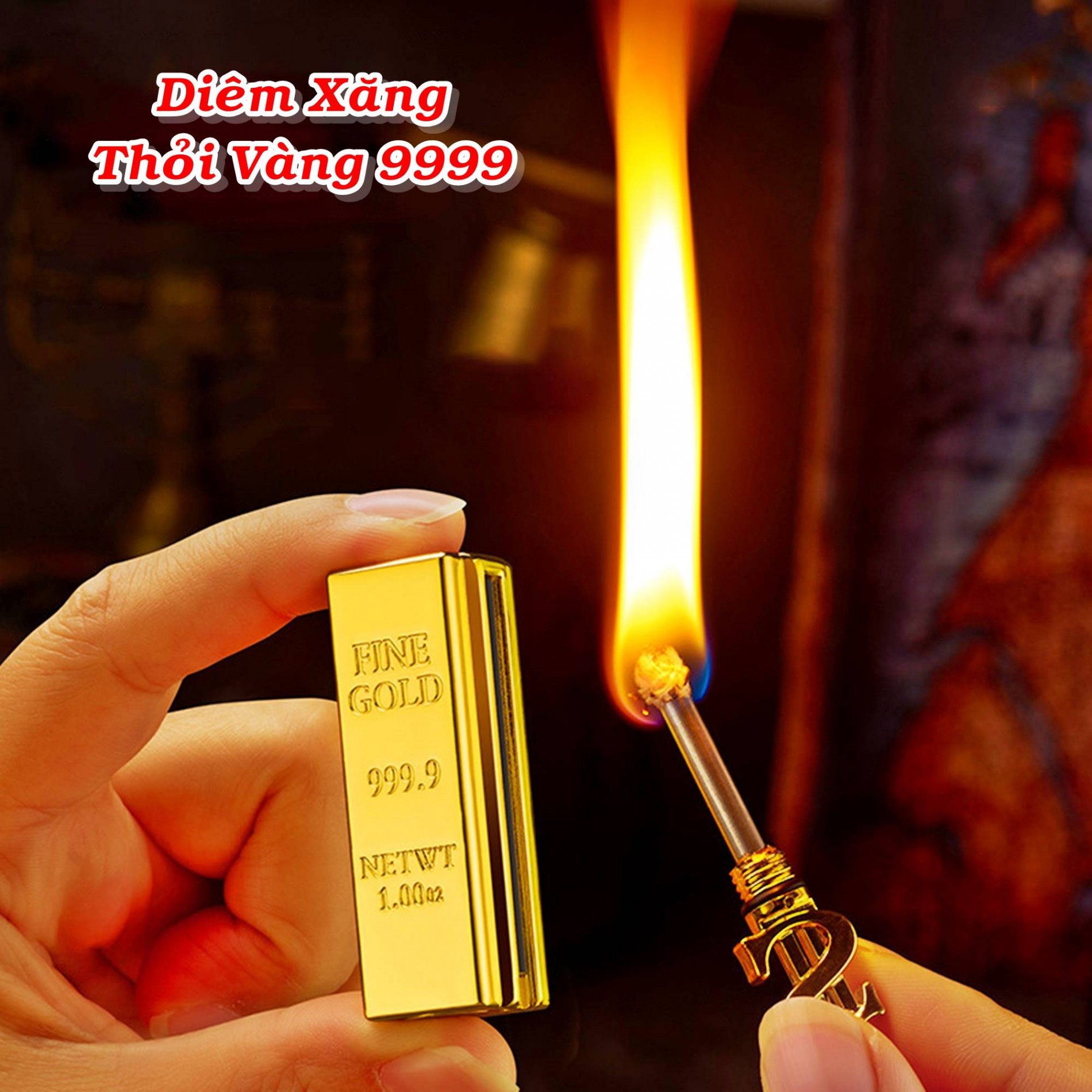 Bật lửa hình thỏi vàng 9999 có móc khoá diêm xăng