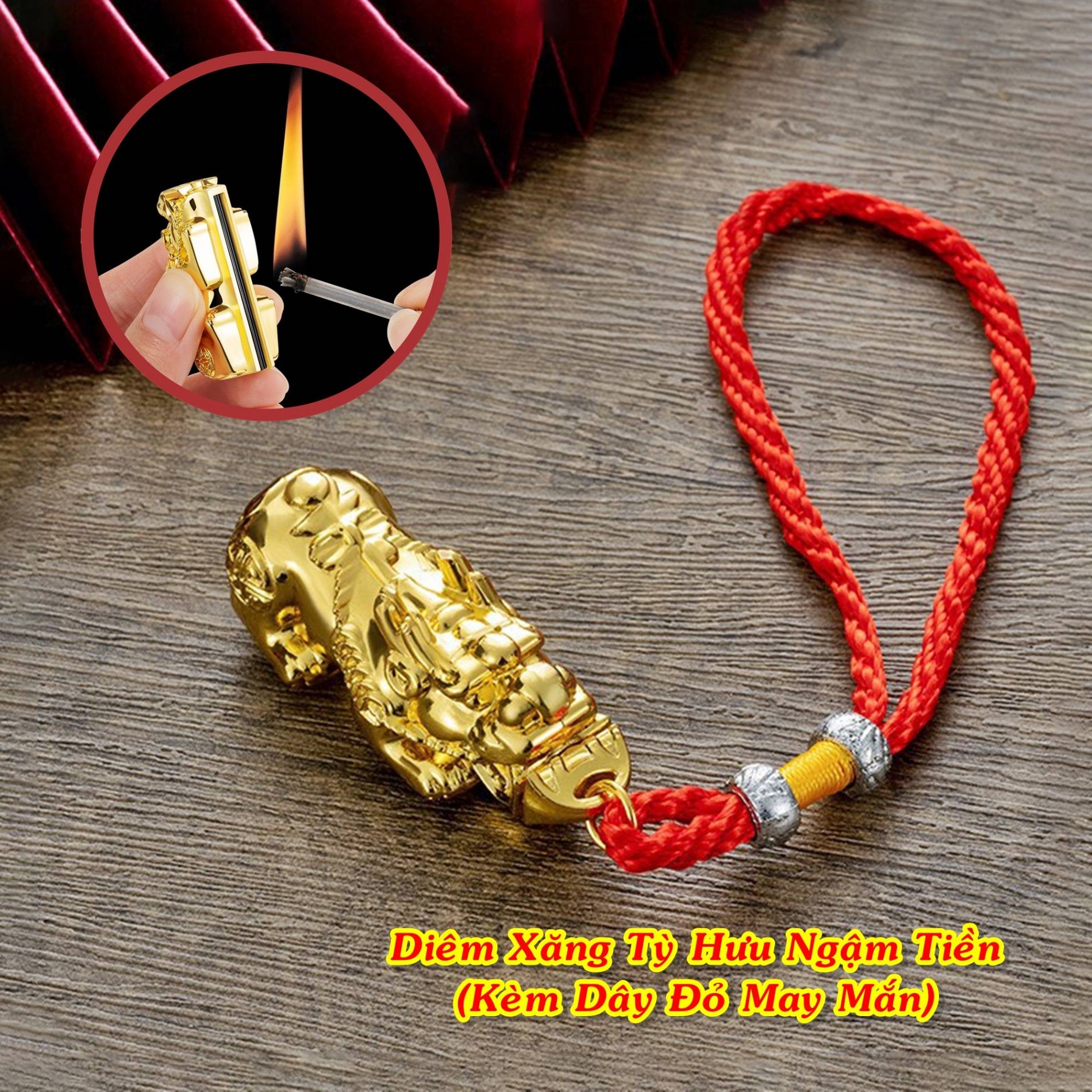 Bật lửa diêm xăng hình tỳ hưu ngậm tiền kèm dây đỏ may mắn