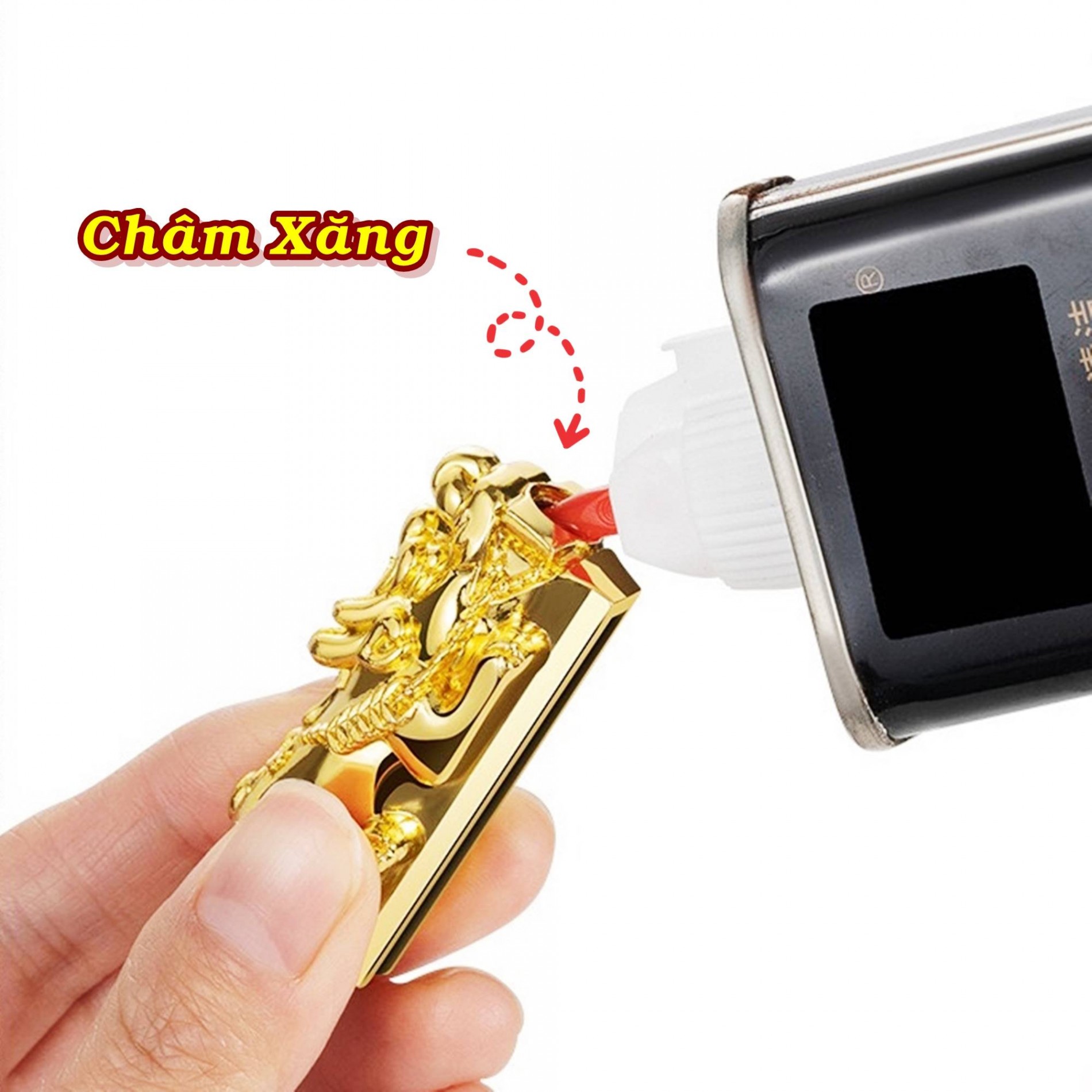 Bật lửa diêm xăng hình tỳ hưu ngậm tiền kèm dây đỏ may mắn