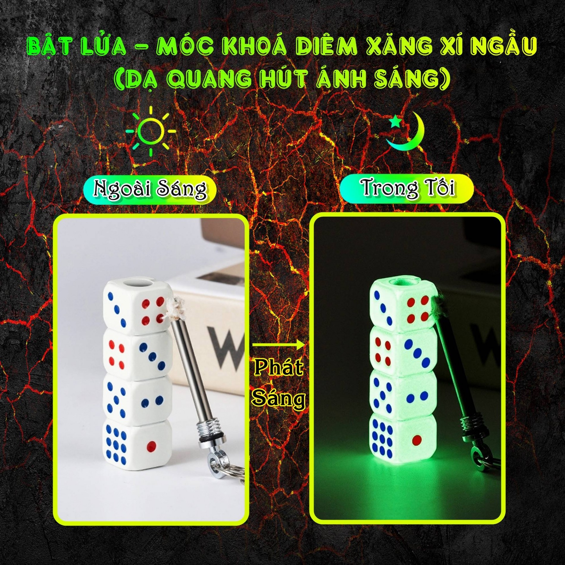 Bật lửa hình hột xí ngầu có móc khoá diêm xăng (dạ quang hút ánh sáng)