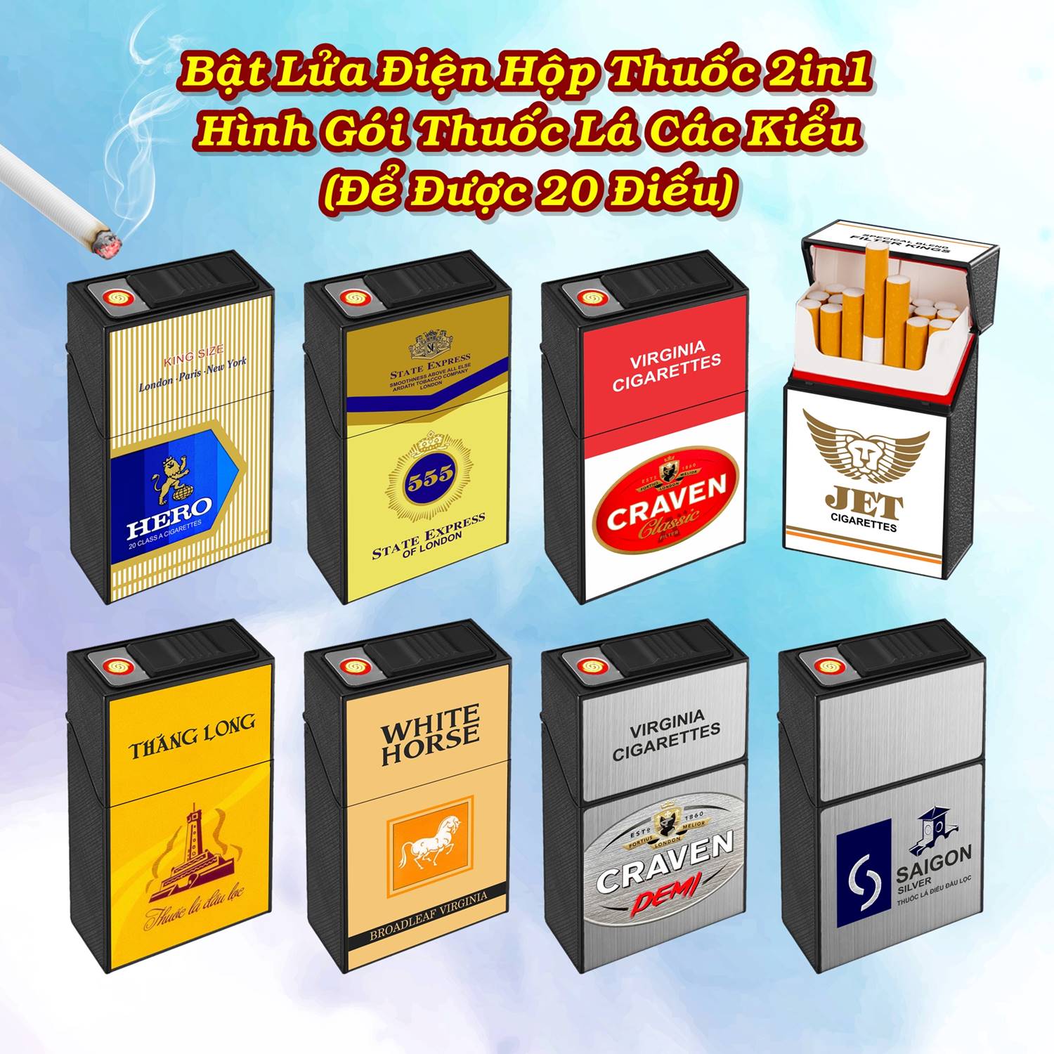 Bật lửa điện hình gói thuốc lá Sài Gòn bạc (để được 20 điếu thuốc)