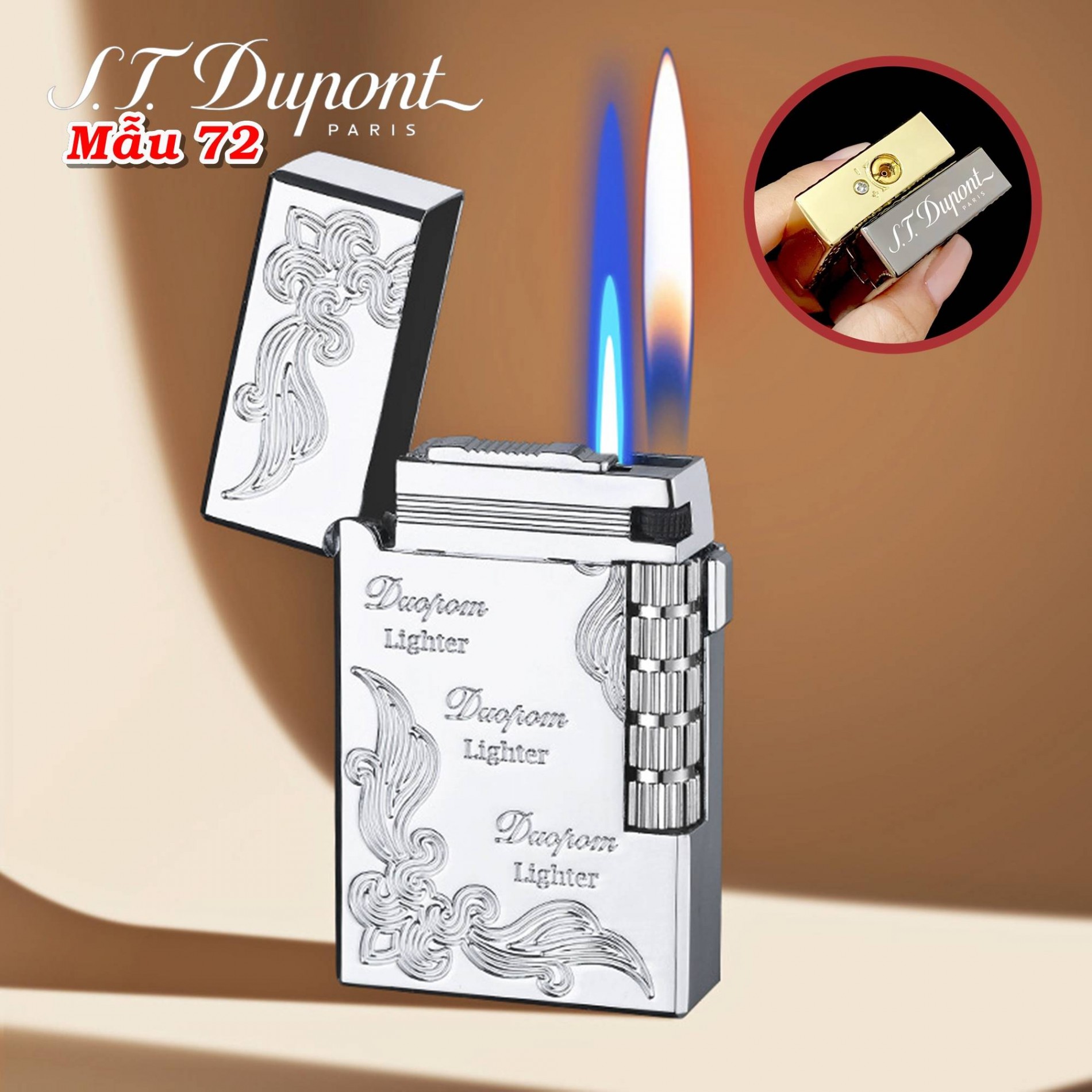 Bật lửa Dupont 2 chế độ lửa hoa văn cổ điển M-72 xài gas