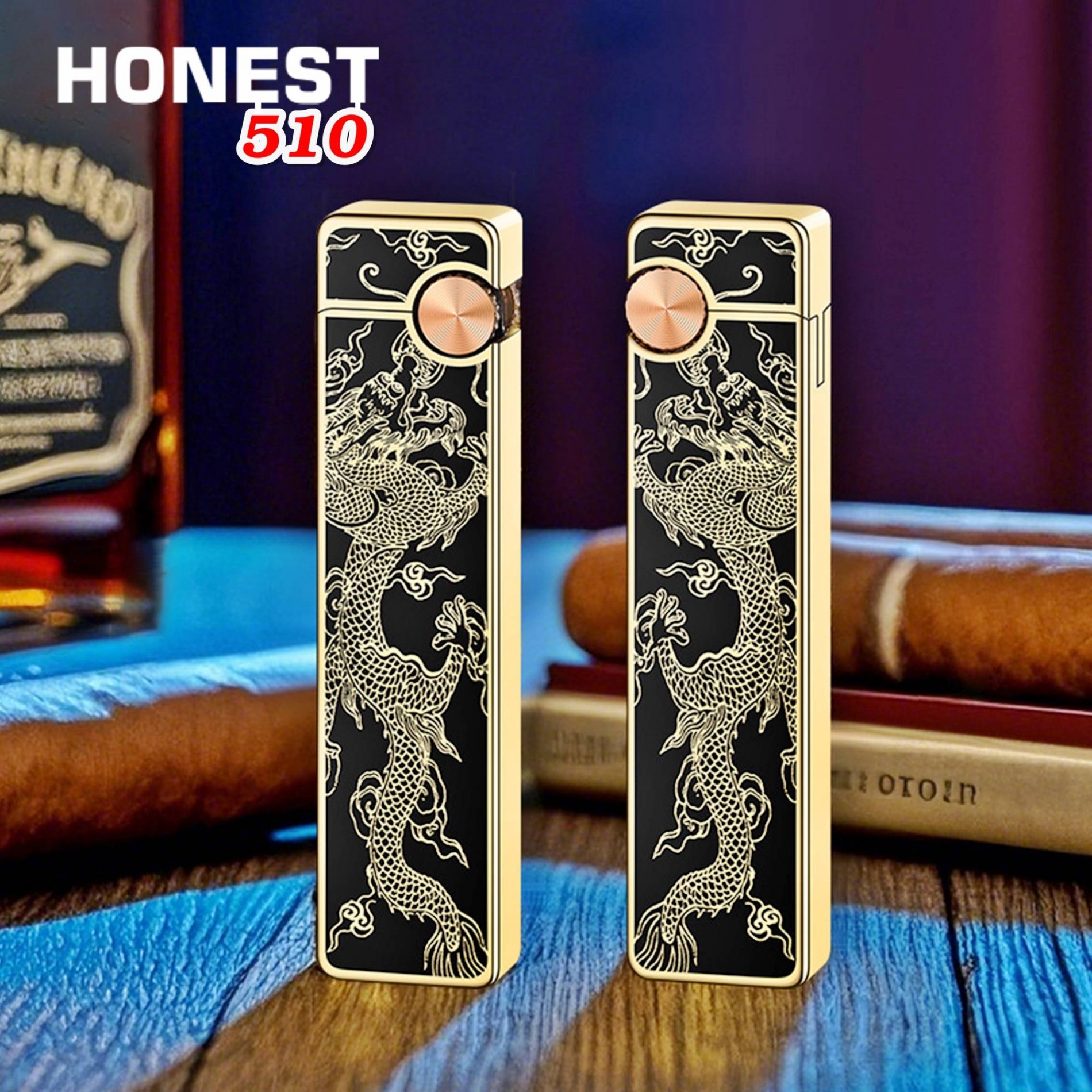 Bật lửa Honest mỏng dài sơn mài phủ bóng hình rồng gas đá