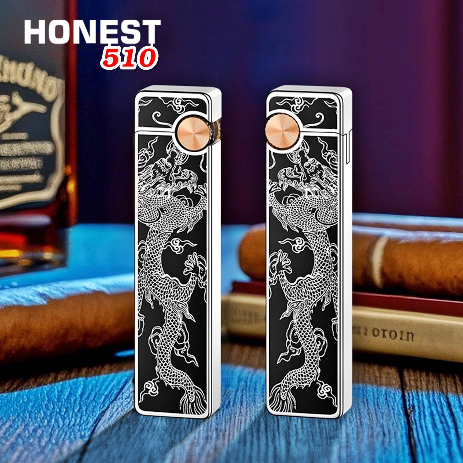Bật lửa Honest mỏng dài sơn mài phủ bóng hình rồng gas đá