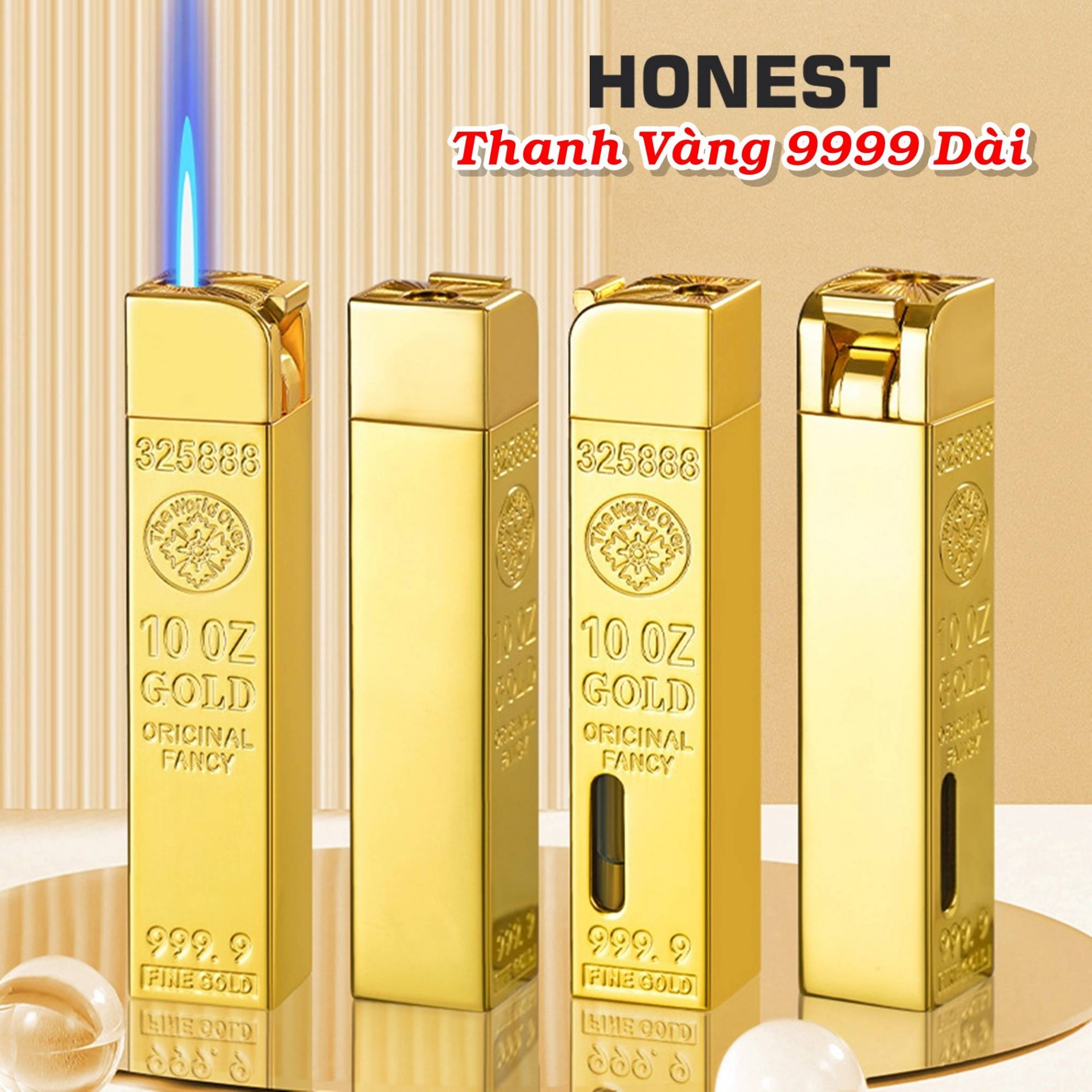 Bật lửa Honest hình thanh vàng 9999 dài dùng gas lửa khò