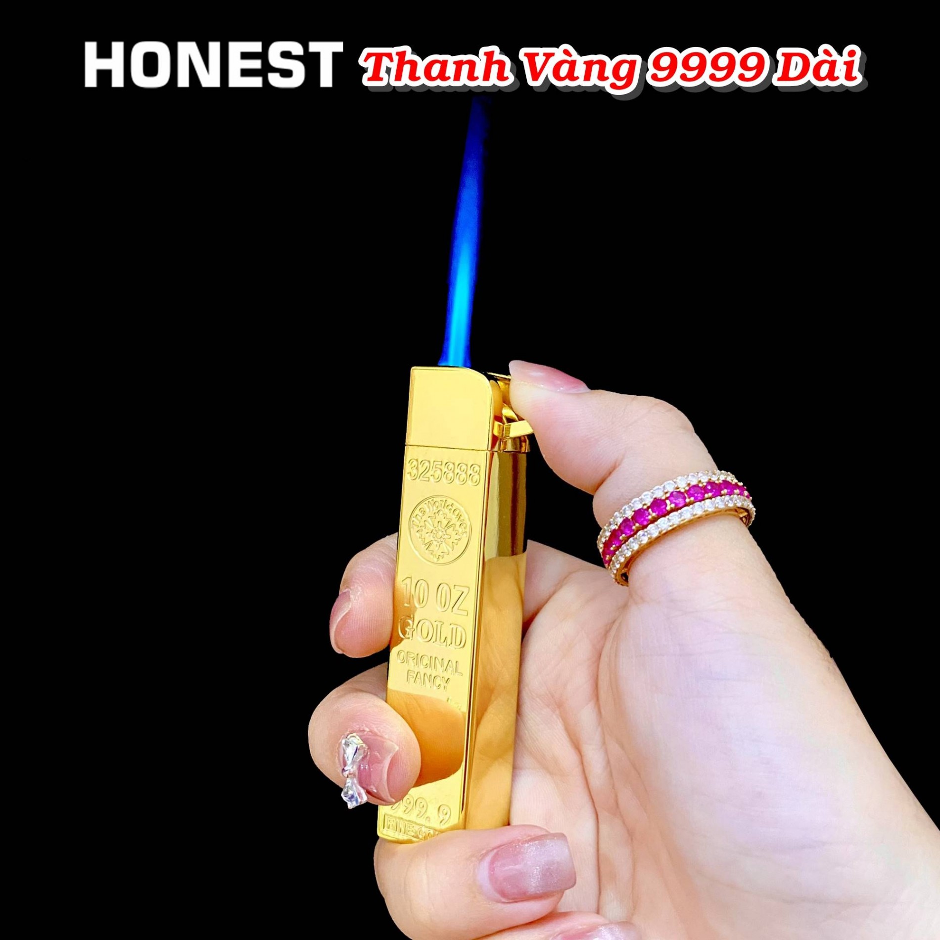 Bật lửa Honest hình thanh vàng 9999 dài dùng gas lửa khò