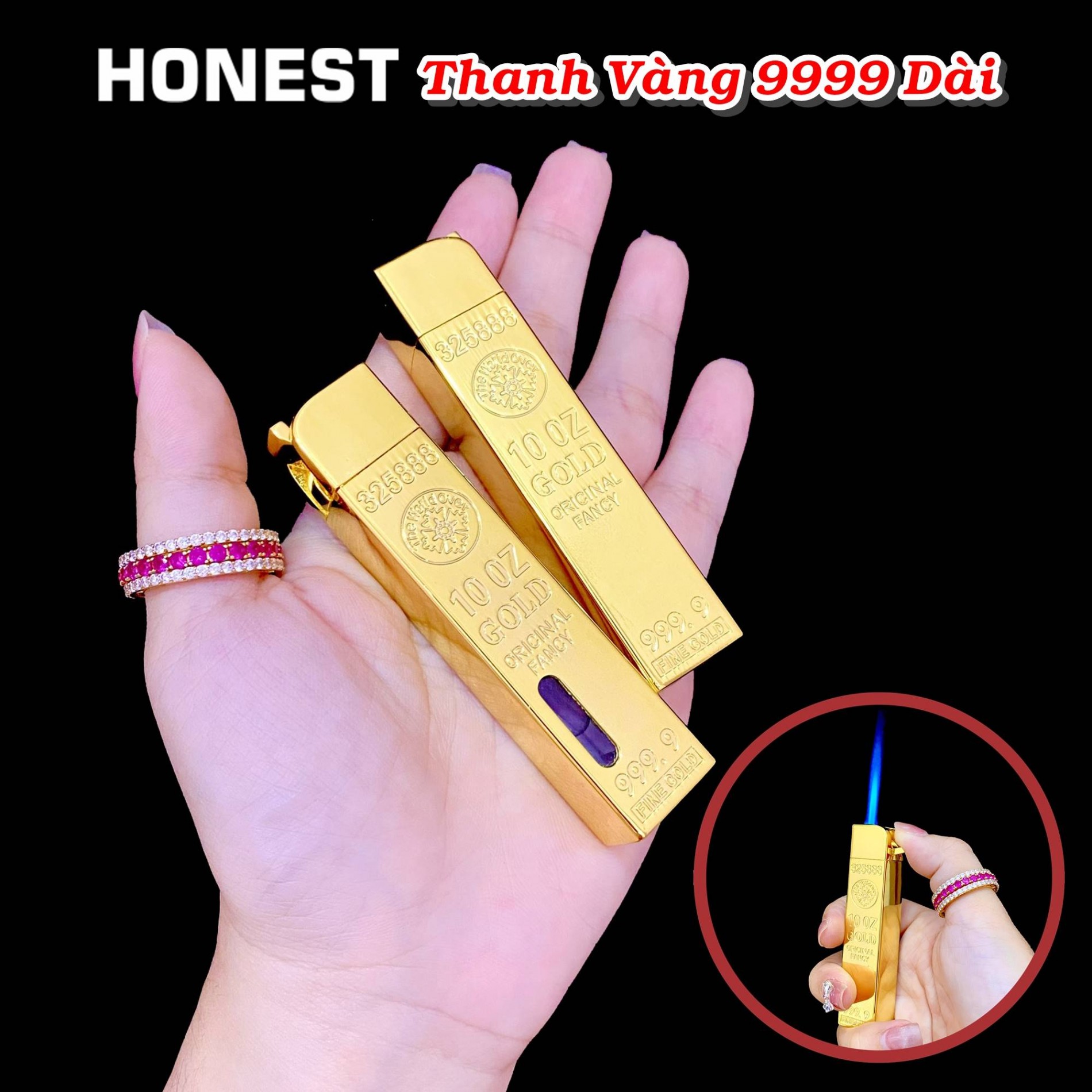 Bật lửa Honest hình thanh vàng 9999 dài dùng gas lửa khò