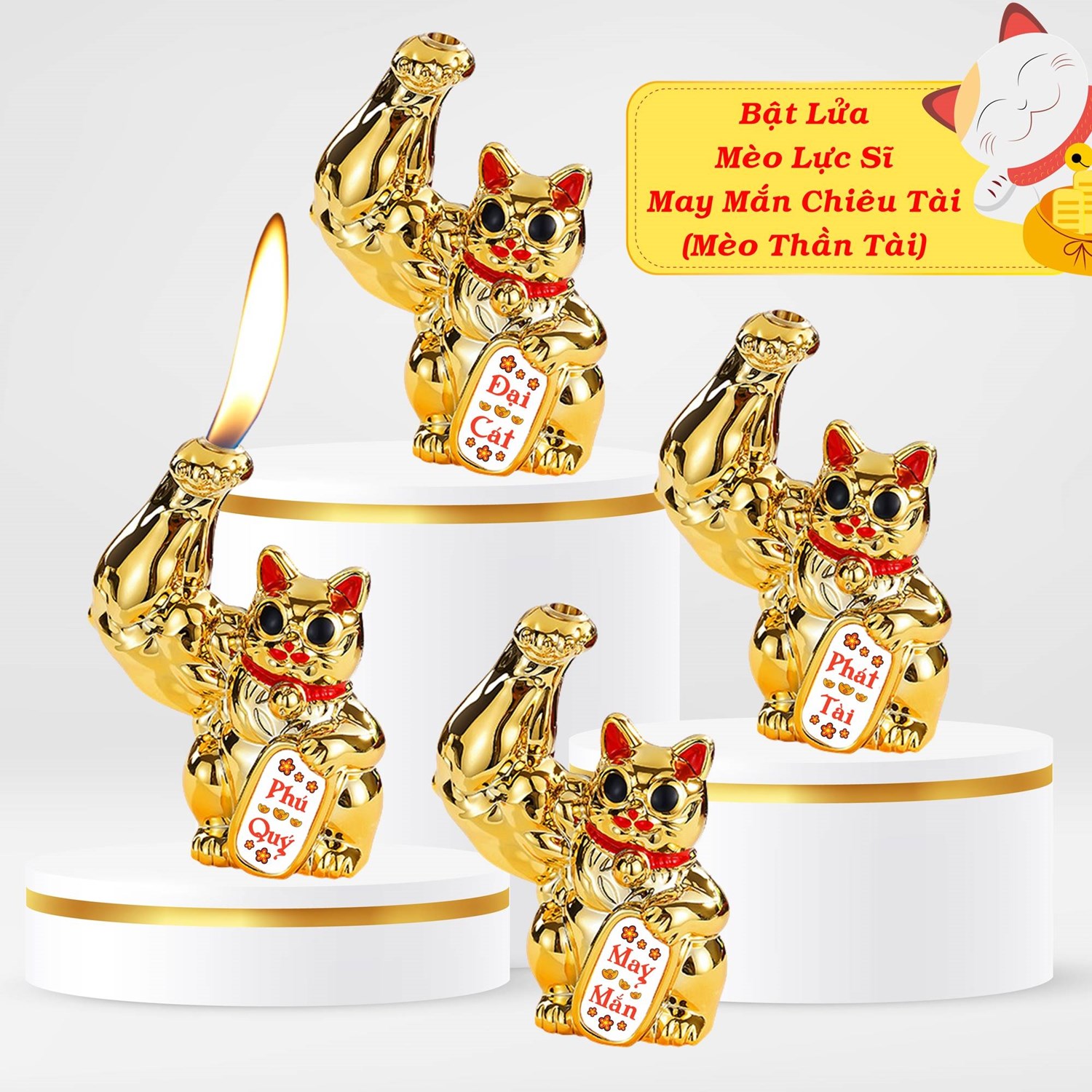 Bật lửa mèo lực sĩ may mắn chiêu tài xài gas