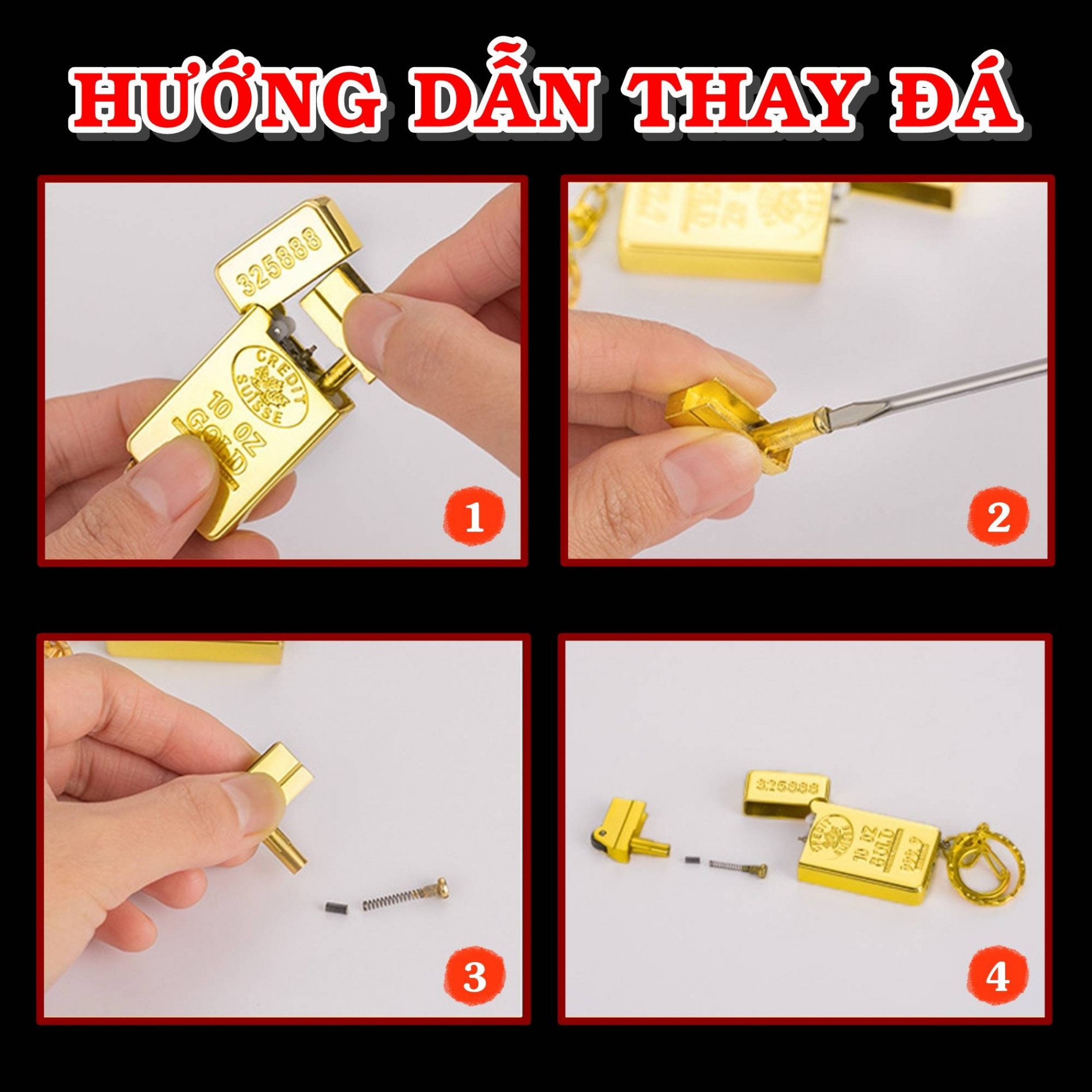 Bật lửa móc khóa hình thỏi vàng 9999 - (xài gas đá)