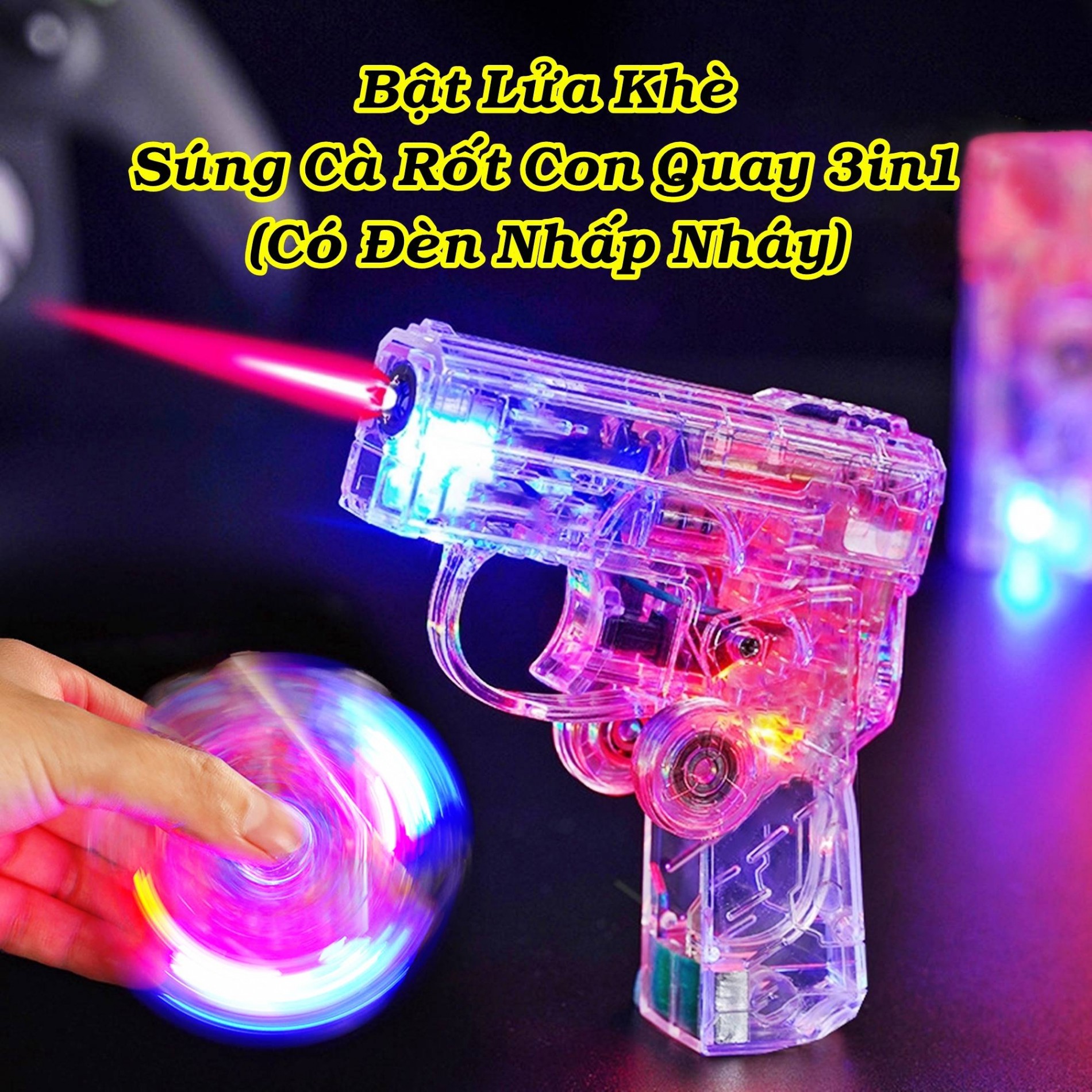 Bật lửa hình súng cà rốt trong suốt có con quay (có đèn nhấp nháy- xài gas)