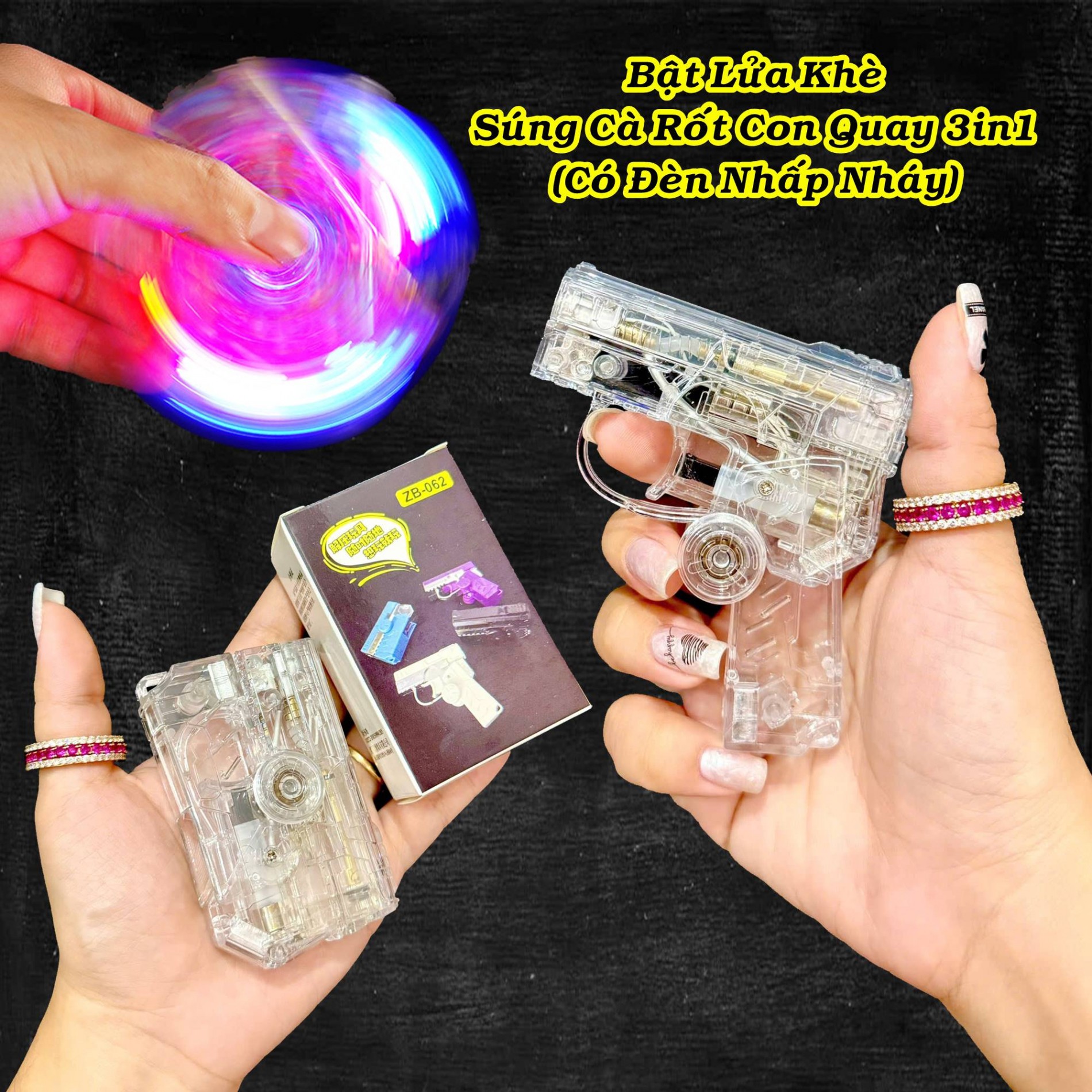 Bật lửa hình súng cà rốt trong suốt có con quay (có đèn nhấp nháy- xài gas)