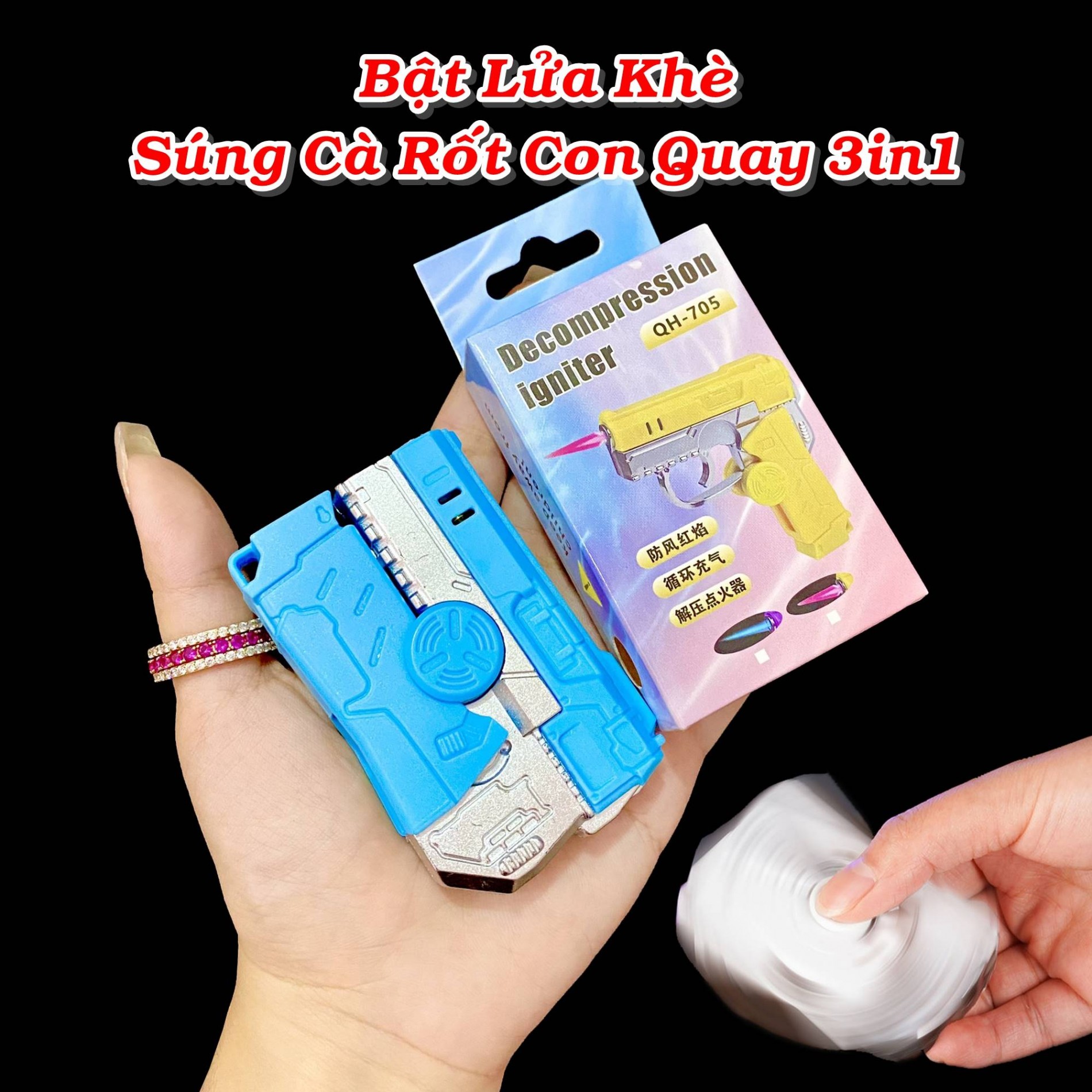 Bật lửa súng cà rốt con quay 3 in 1 súng vô tri fullbox xài gas