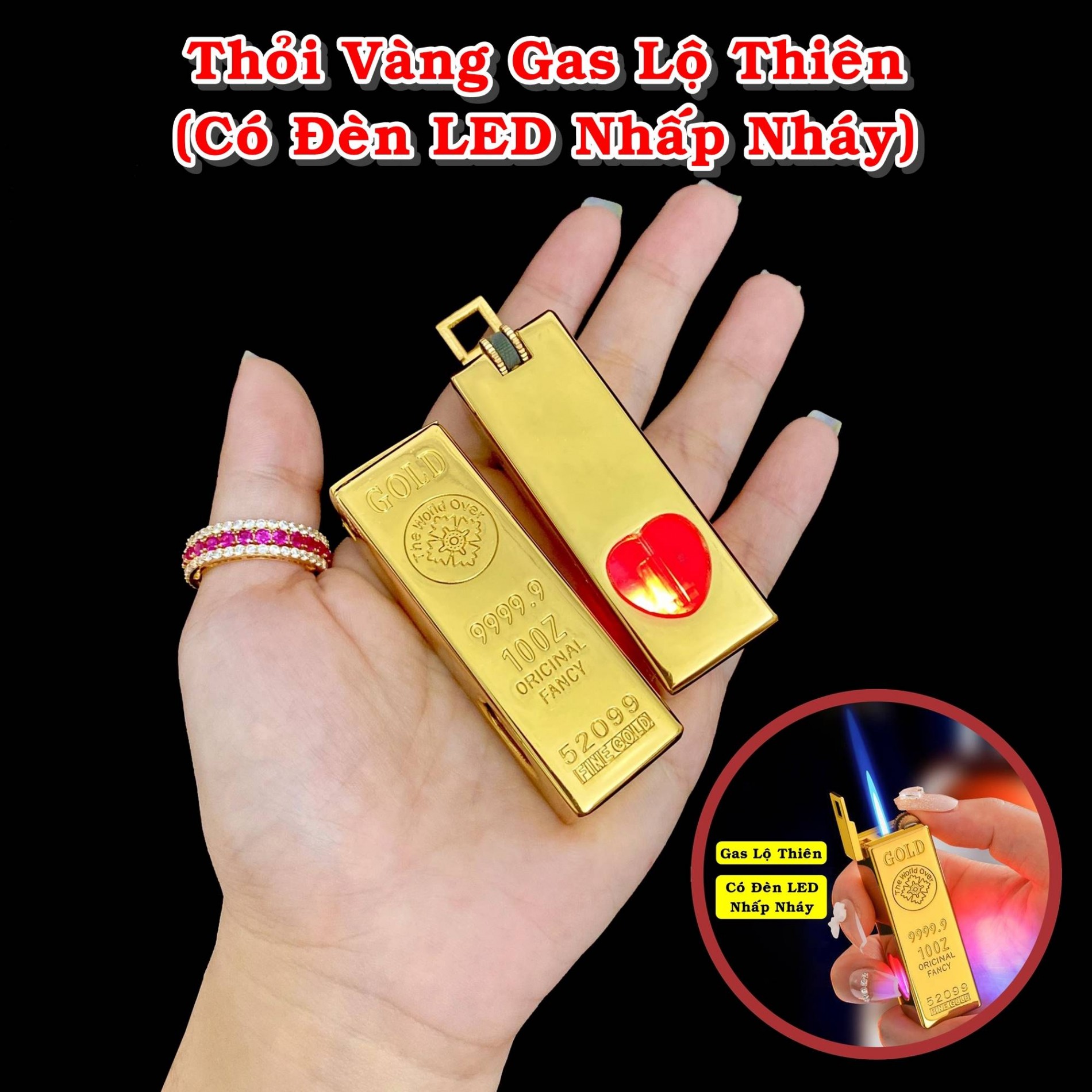 Bật lửa hình thỏi vàng gas lộ thiên lửa khò có đèn led nhấp nháy xài gas