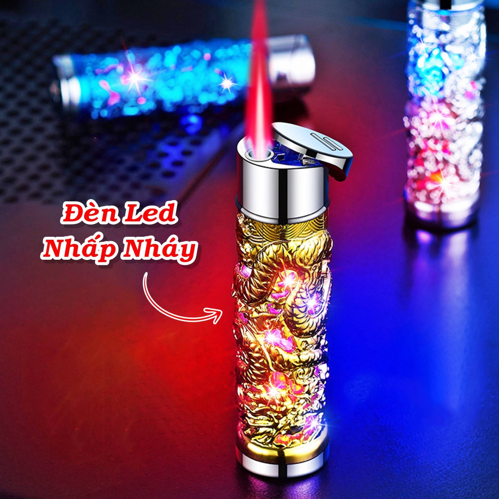 Bật lửa hình trụ rồng nổi xài gas lửa khò