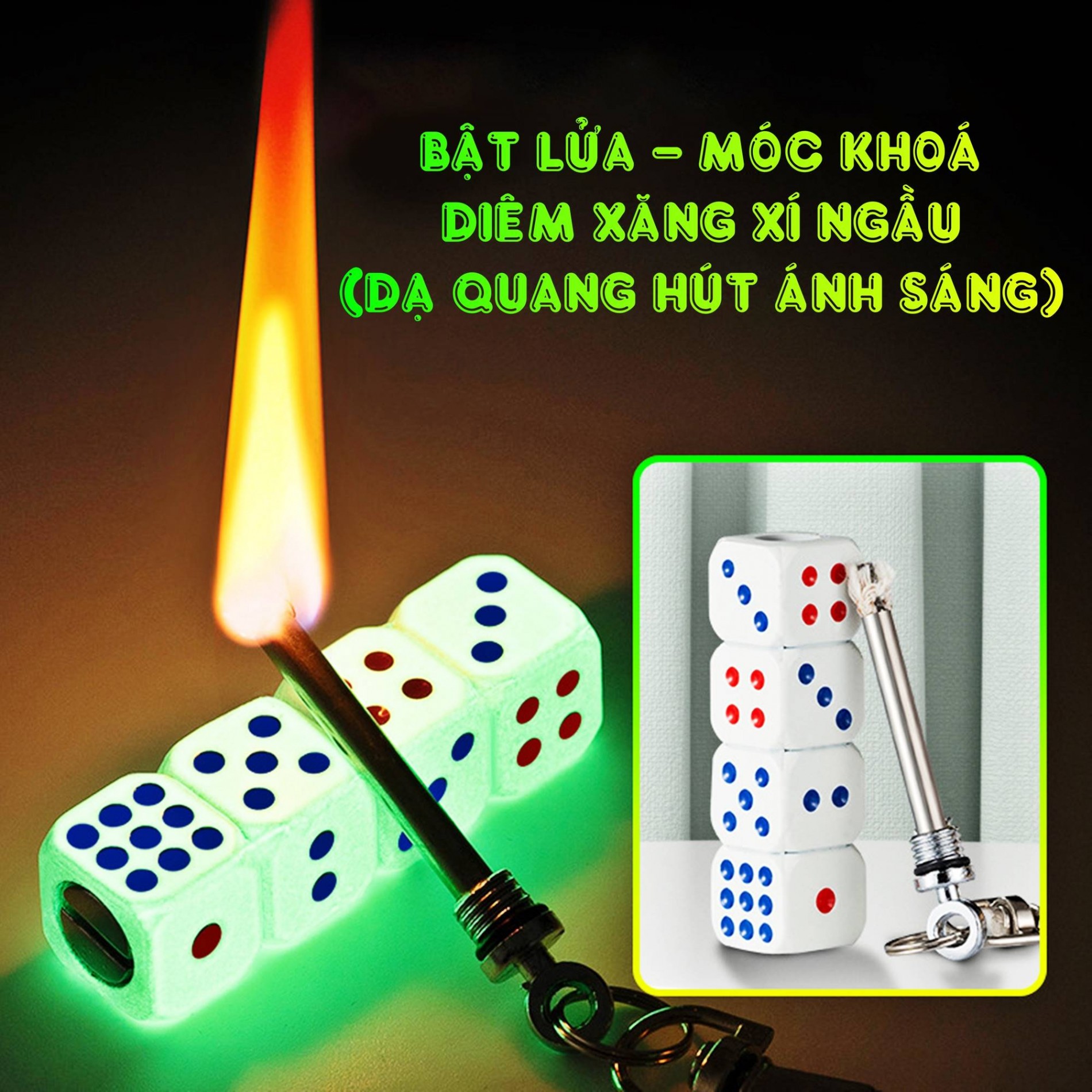 Bật lửa hình hột xí ngầu có móc khoá diêm xăng (dạ quang hút ánh sáng)