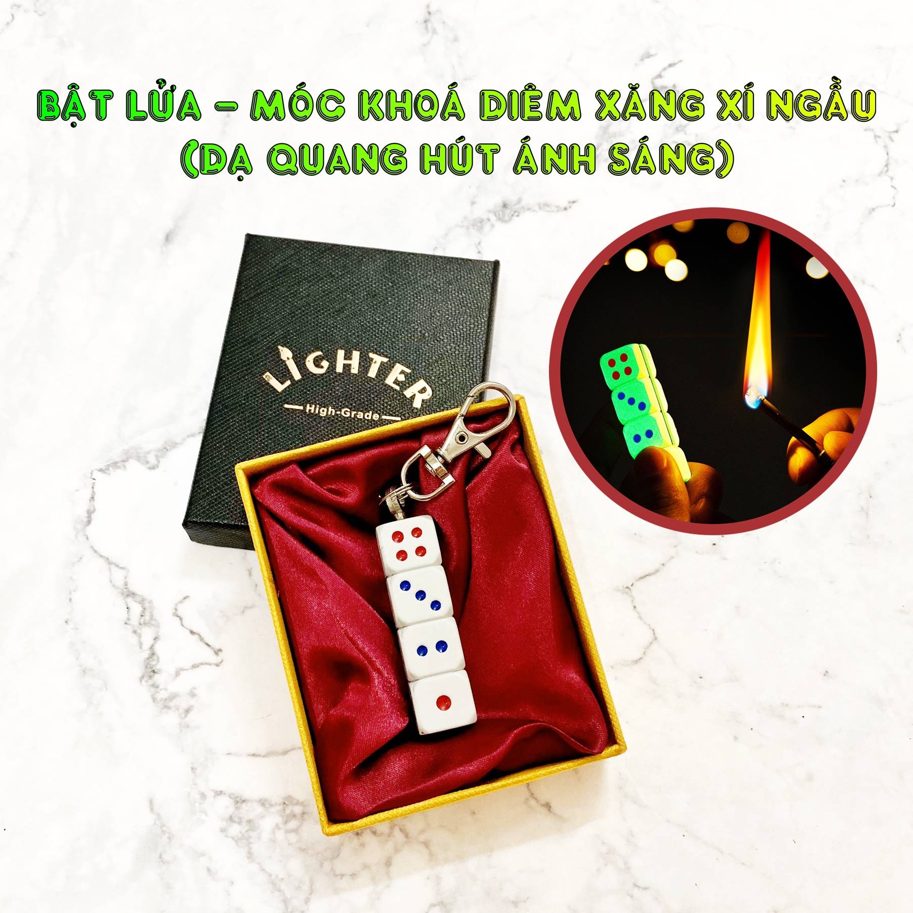 Bật lửa móc khoá diêm xăng xí ngầu (dạ quang hút ánh sáng có hộp)