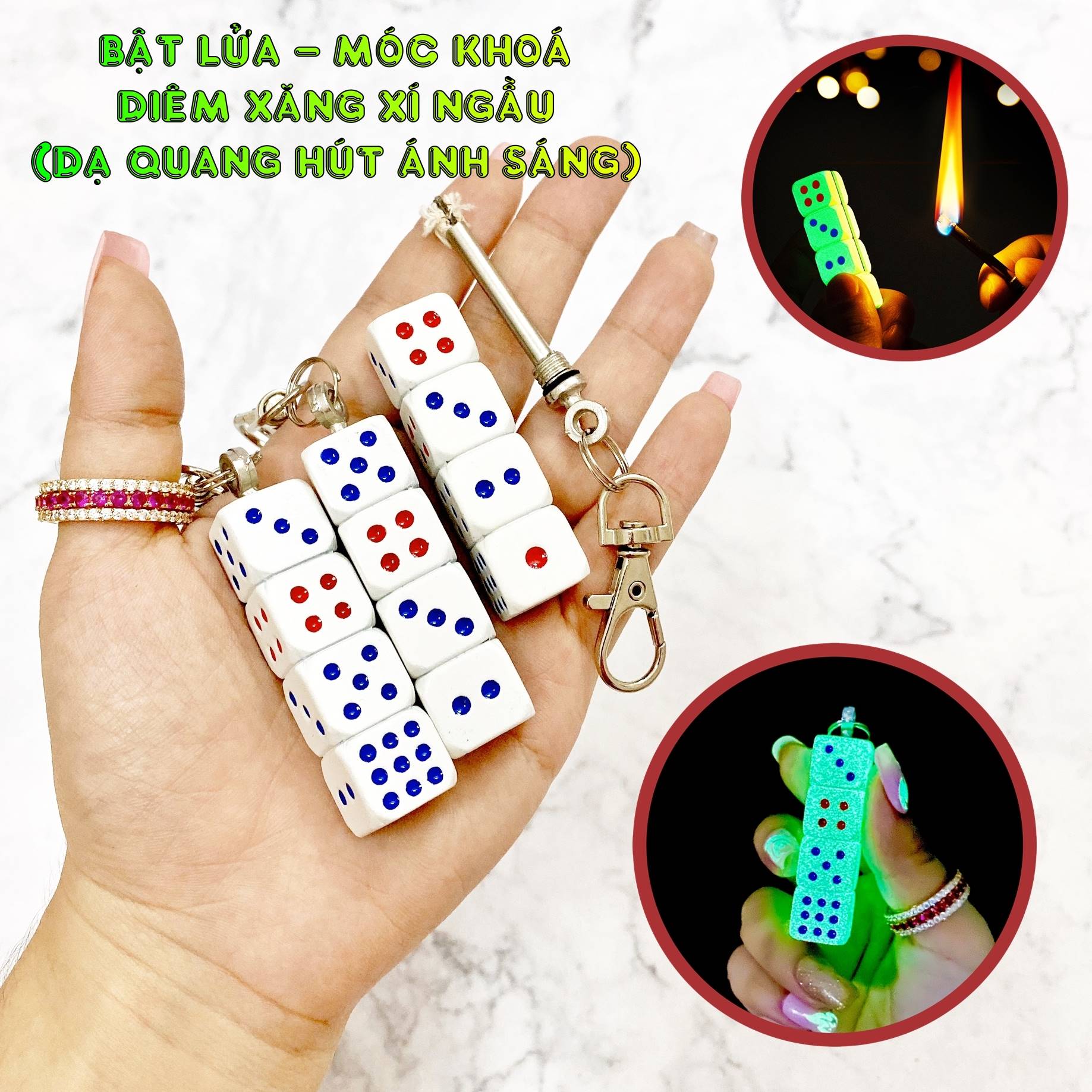 Bật lửa móc khoá diêm xăng xí ngầu (dạ quang hút ánh sáng có hộp)