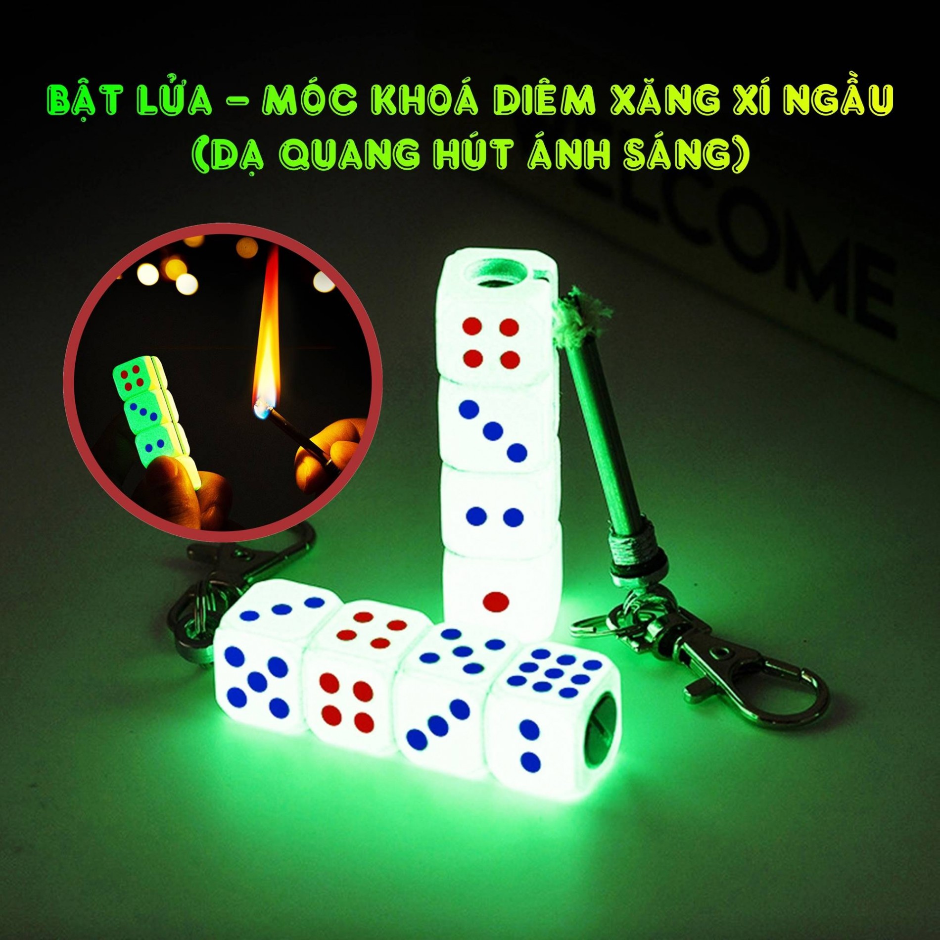 Bật lửa hình hột xí ngầu có móc khoá diêm xăng (dạ quang hút ánh sáng)