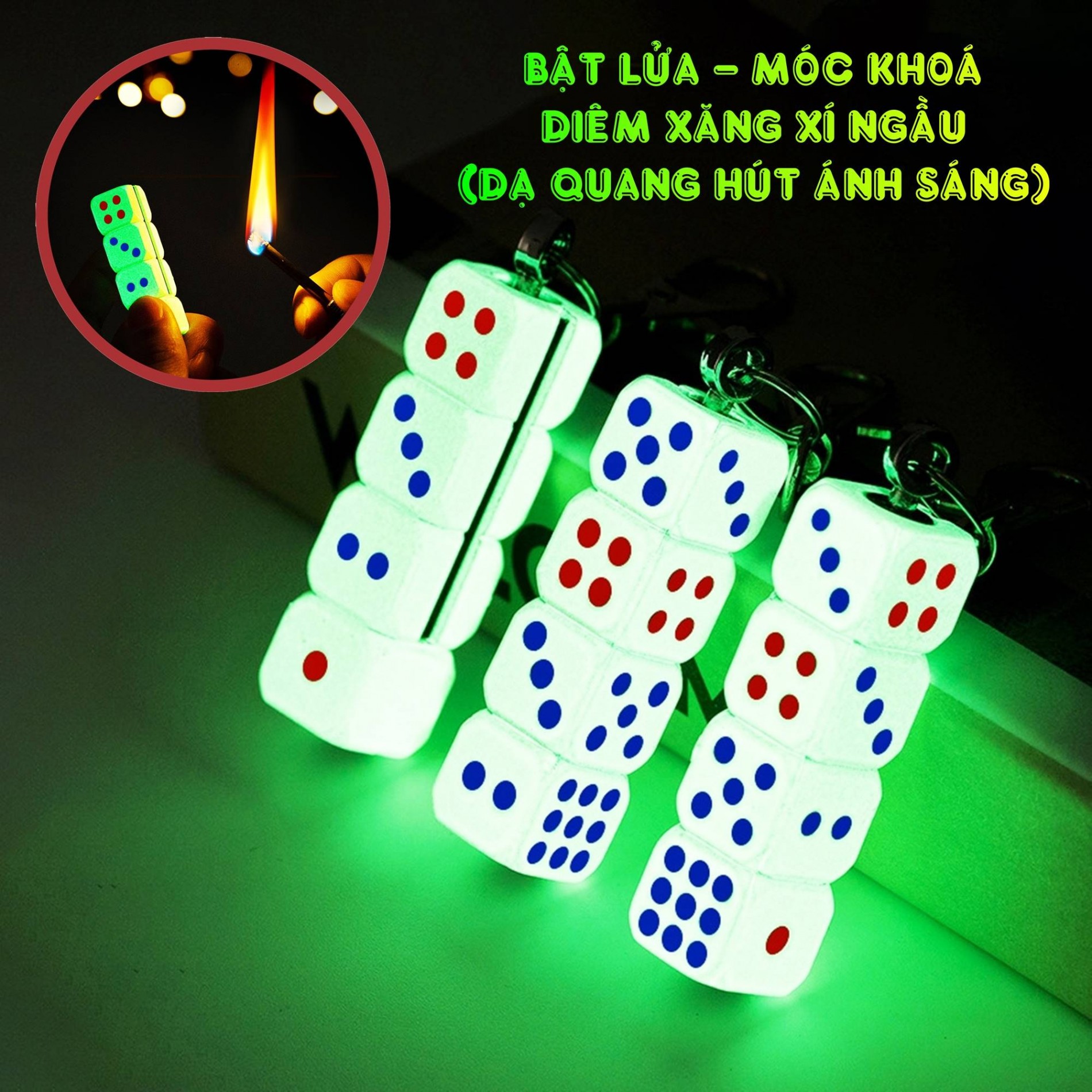 Bật lửa hình hột xí ngầu có móc khoá diêm xăng (dạ quang hút ánh sáng)