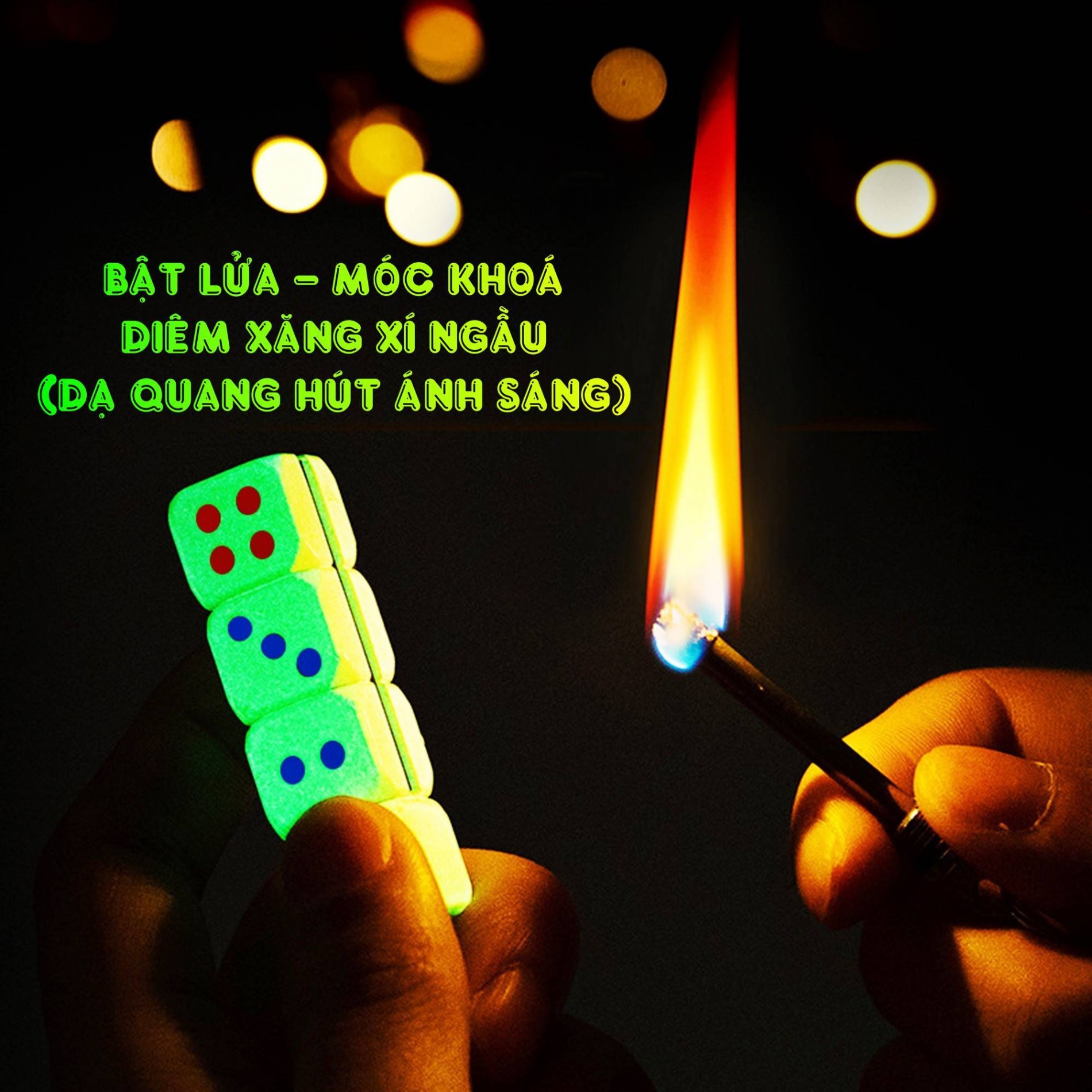 Bật lửa hình hột xí ngầu có móc khoá diêm xăng (dạ quang hút ánh sáng)