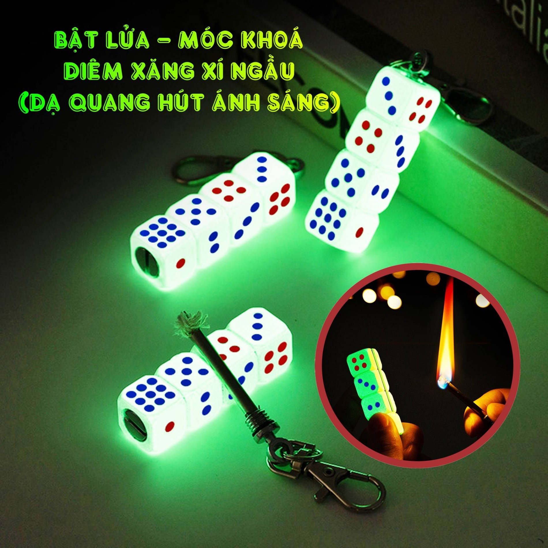 Bật lửa móc khoá diêm xăng xí ngầu (dạ quang hút ánh sáng có hộp)