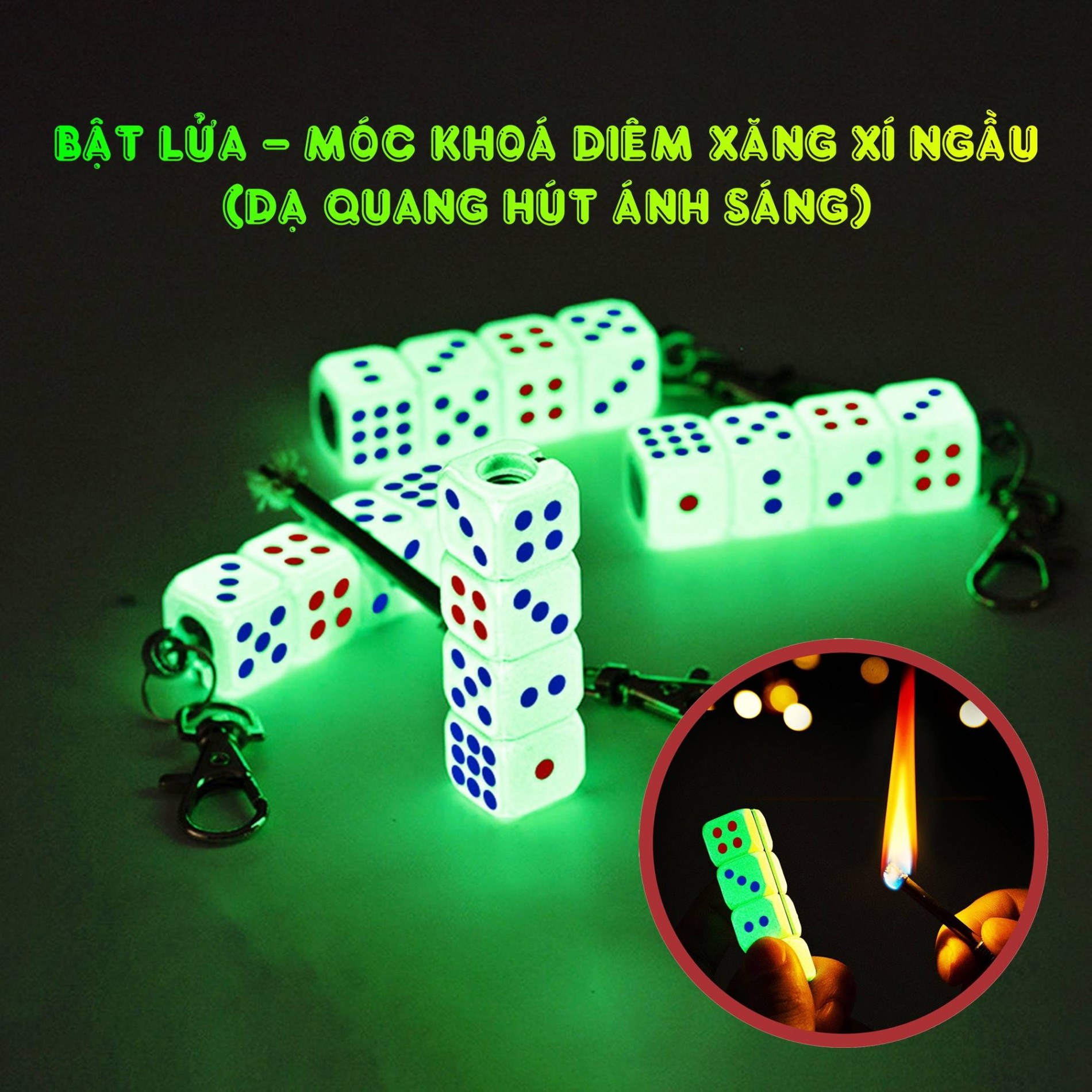 Bật lửa móc khoá diêm xăng xí ngầu (dạ quang hút ánh sáng có hộp)