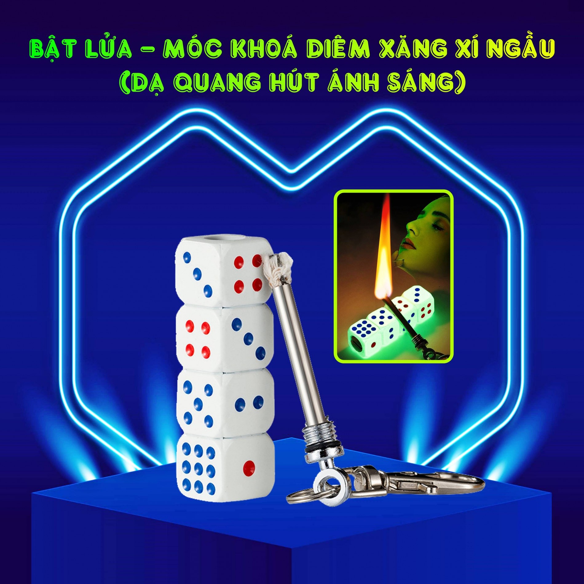 Bật lửa móc khoá diêm xăng xí ngầu (dạ quang hút ánh sáng có hộp)