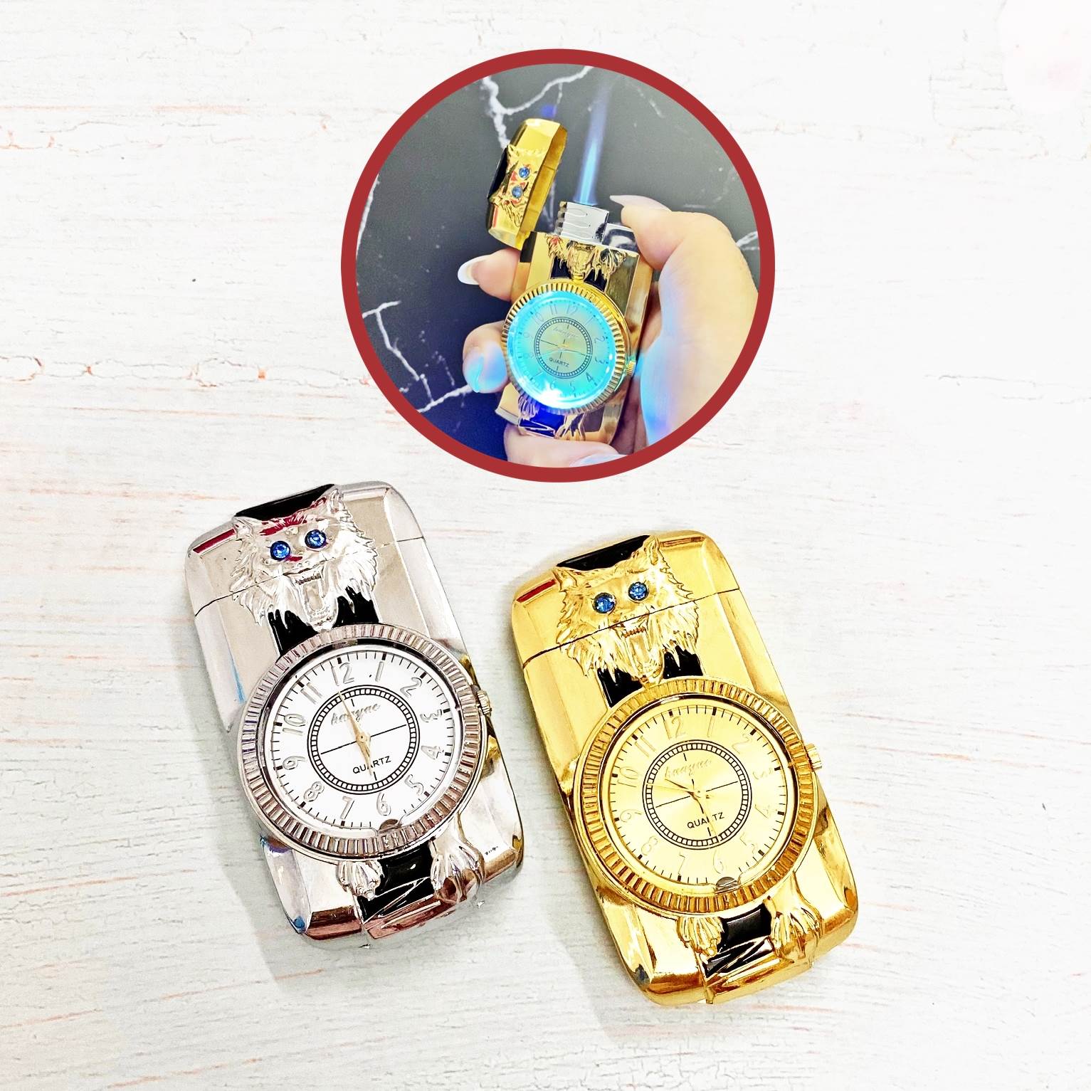 Đồng hồ kiêm bật lửa hình chó sói - có đèn led - xài gas