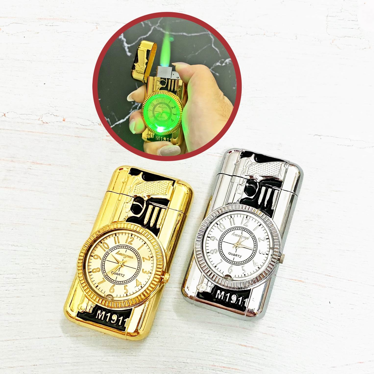 Bật lửa đồng hồ hình súng có đèn led có hộp xài gas