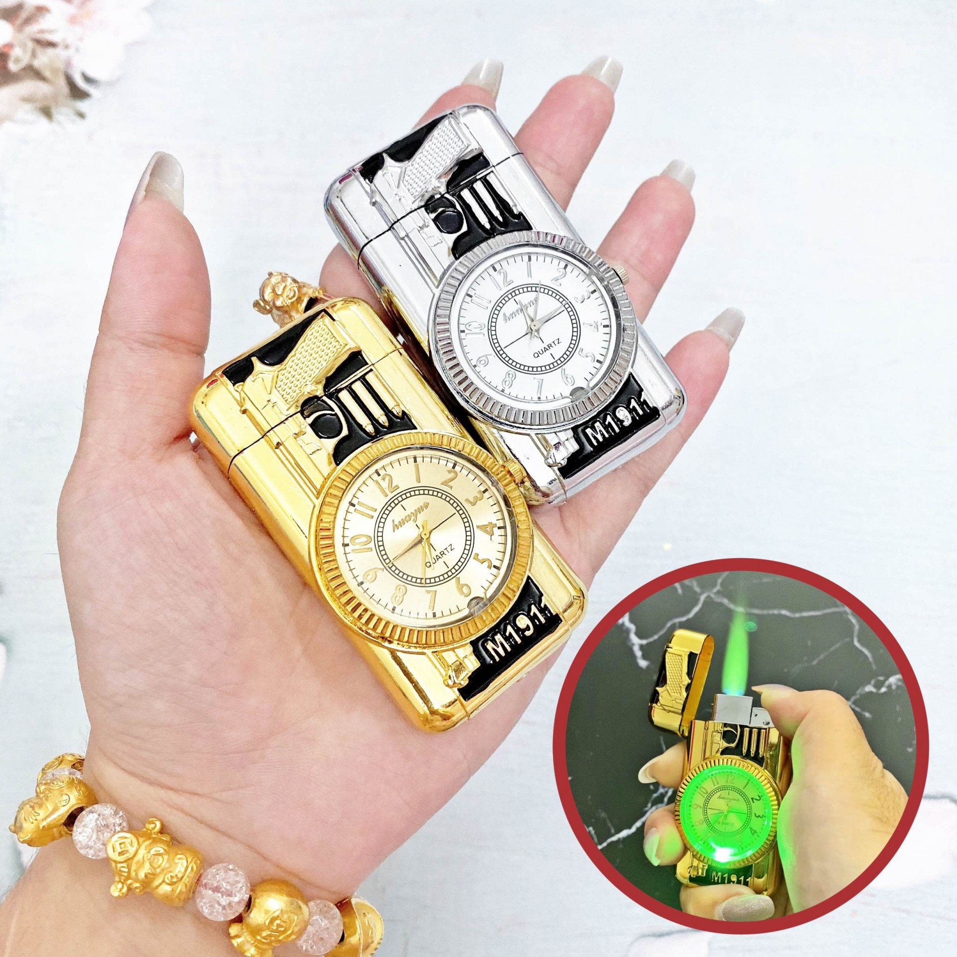 Bật lửa đồng hồ hình súng có đèn led có hộp xài gas