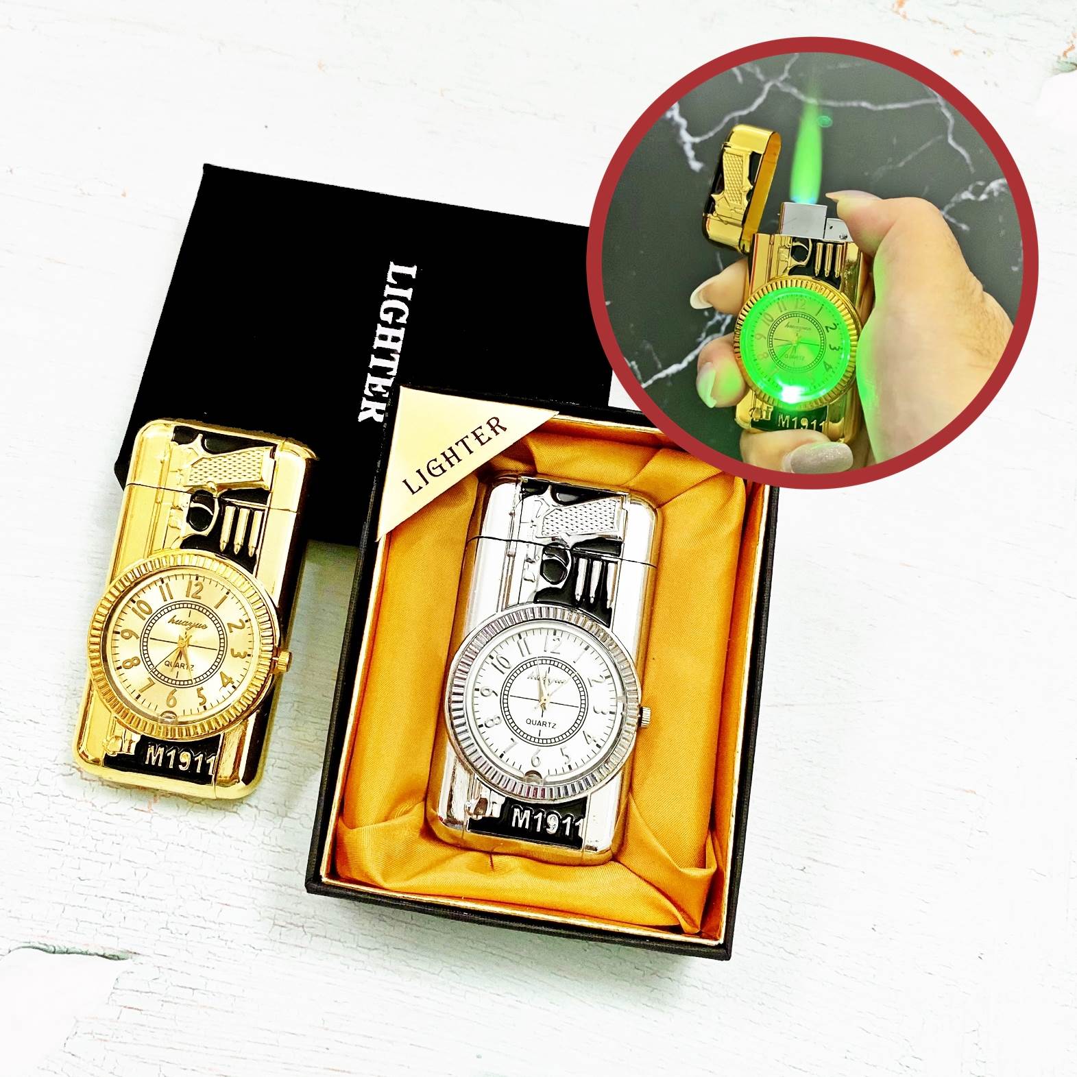 Bật lửa đồng hồ hình súng có đèn led có hộp xài gas