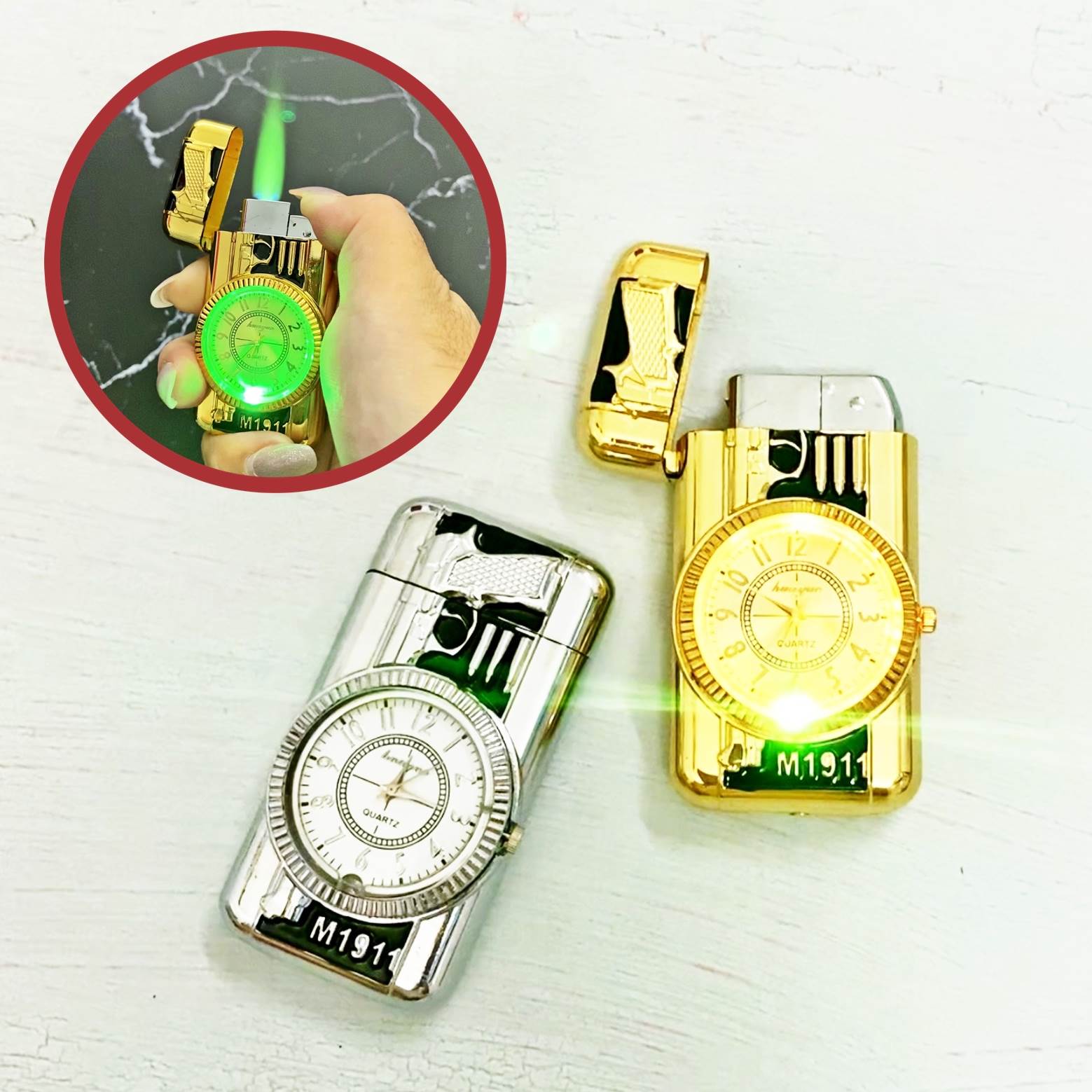 Bật lửa đồng hồ hình súng có đèn led có hộp xài gas
